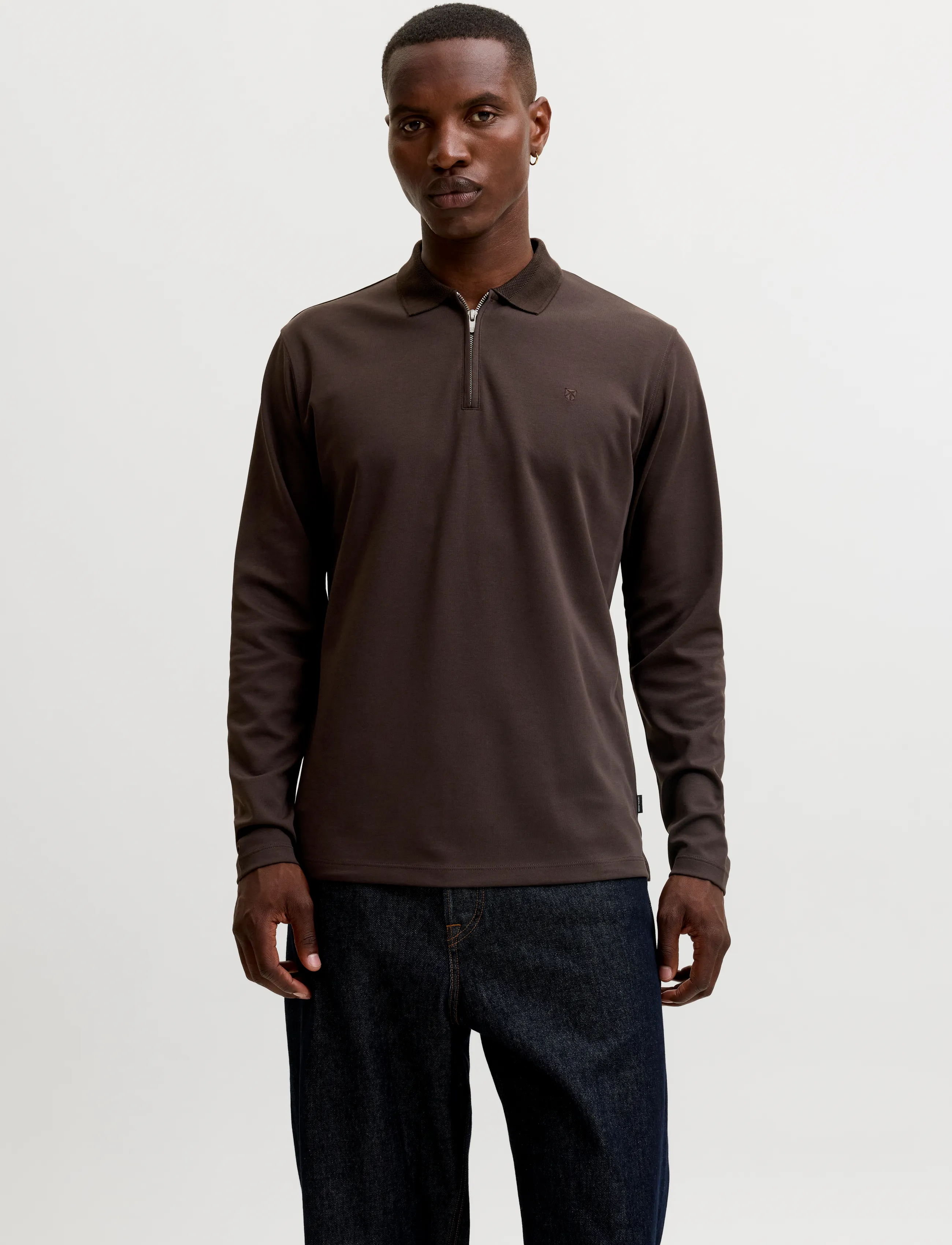 Jack & Jones JPRBLAETHAN LS ZIP POLO - Langärmlige Strick-Polohemden - CHOCOLATE TORTE / brown