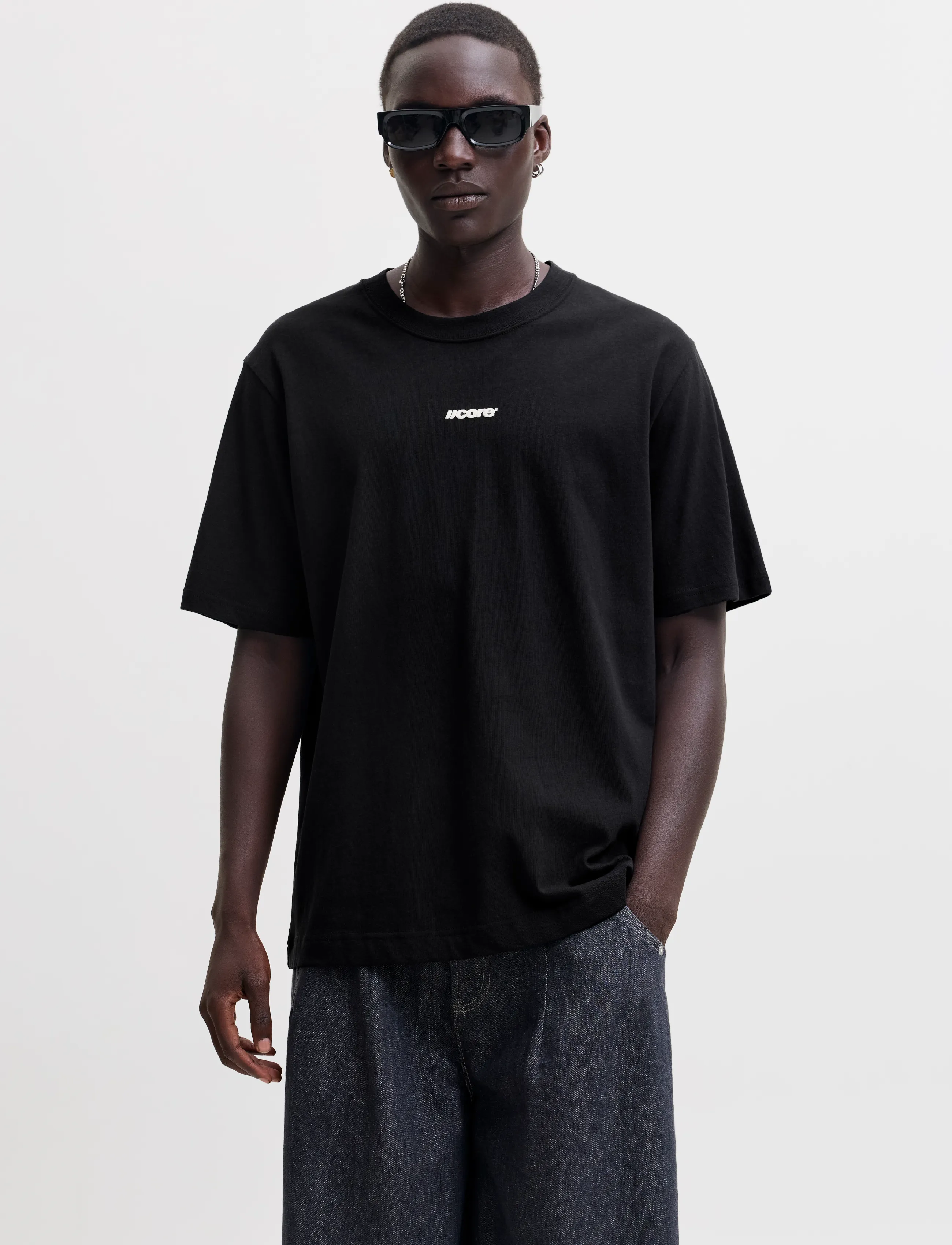 Jack & Jones Jcoclub Back Script Tee Ss Crew Neck Sn, L, T-shirts, Schwarz - Short-sleeved, Männerswear
