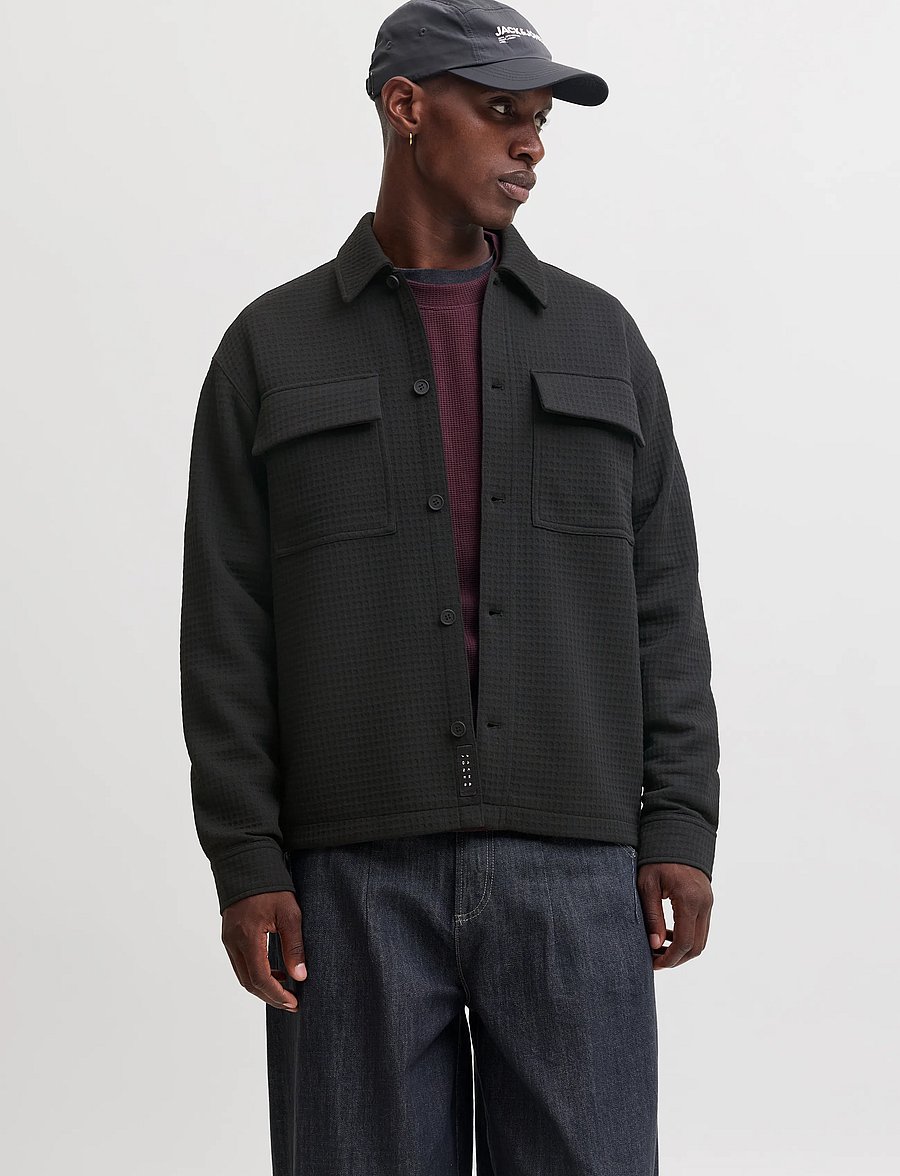 Jack & Jones - JCOFUSION JERSEY WAFFLE OVERSHIRT - casual skjorter - black - 0