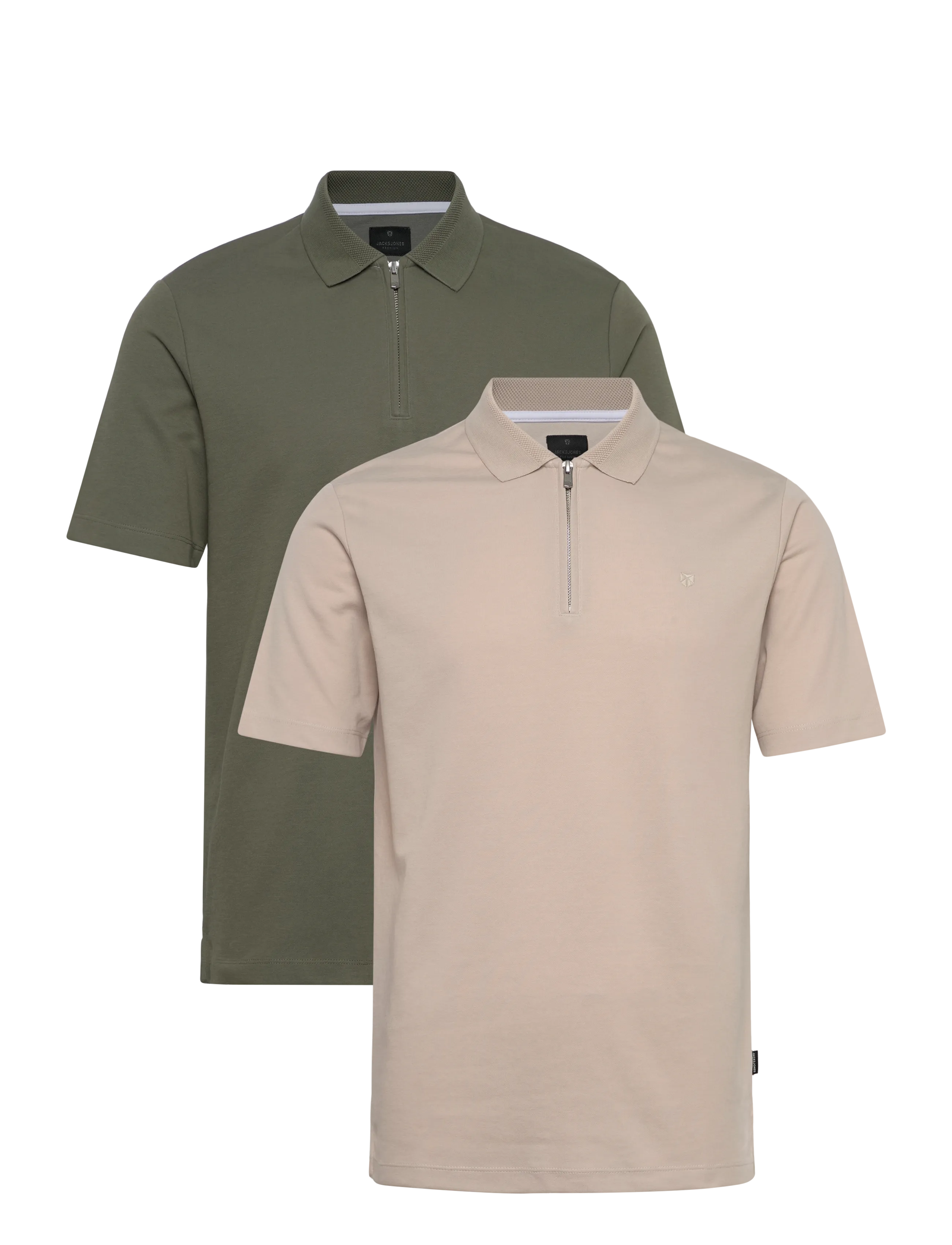 Jack & Jones Jprblaethan Ss Zip Polo 2Pk Mp, M, Polos, Khakigrün - Short-sleeved, Männerswear
