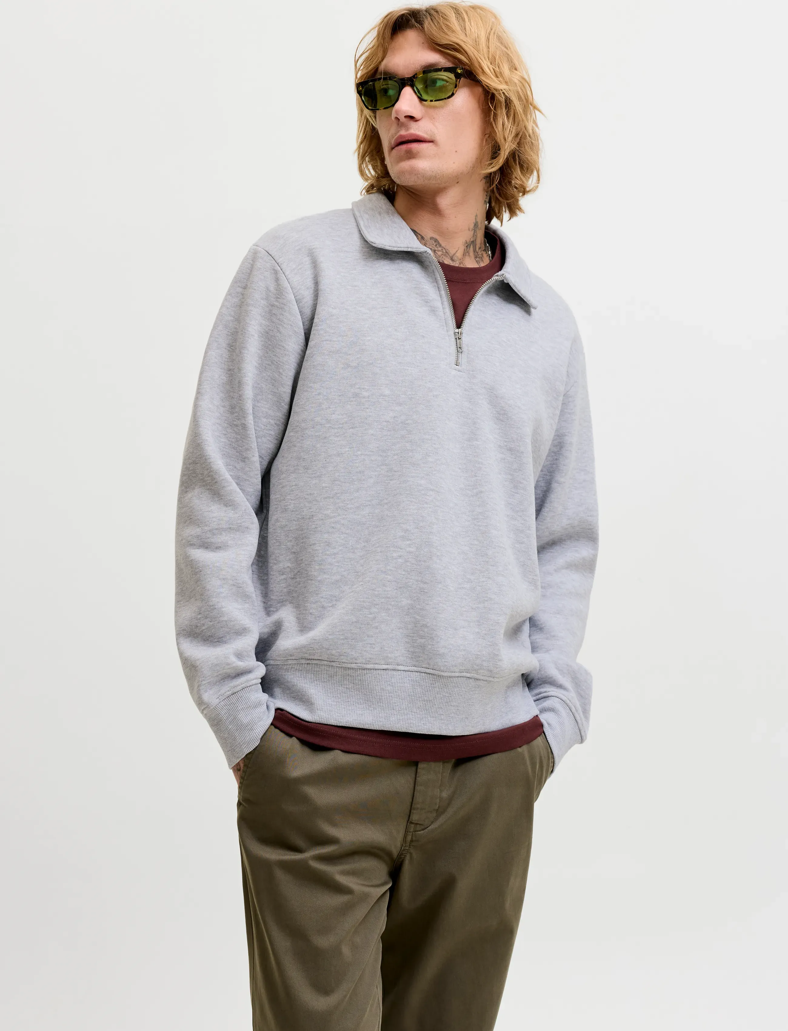 Jack & Jones JJBRADLEY SWEAT ZIP POLO - Langärmlige Strick-Polohemden - LIGHT GREY MELANGE / grey