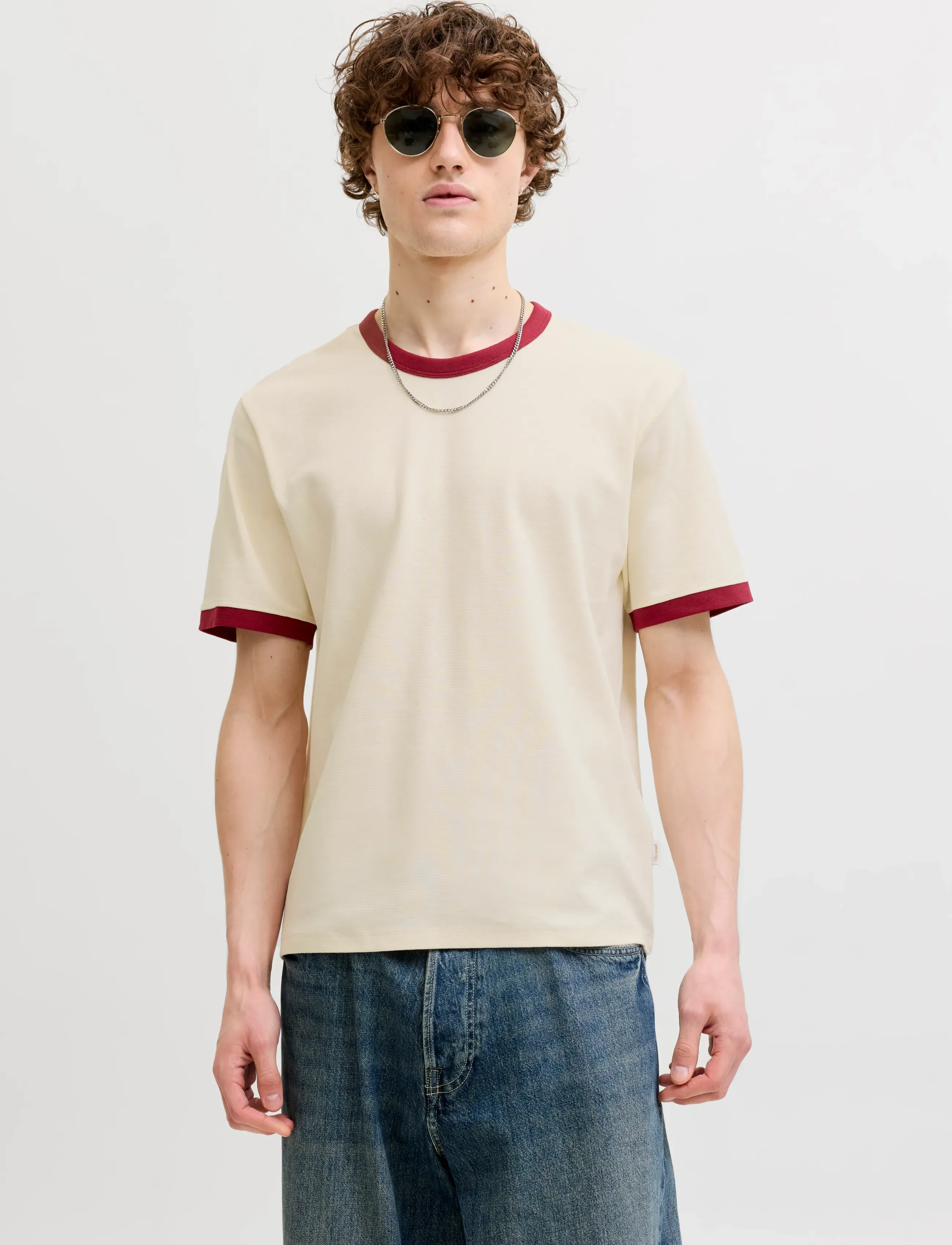 Jack & Jones Jorsavona Ringer Tee Ss Cn Styd Ss26, Mænd, Ringer T-shirt, Cream, Str: S