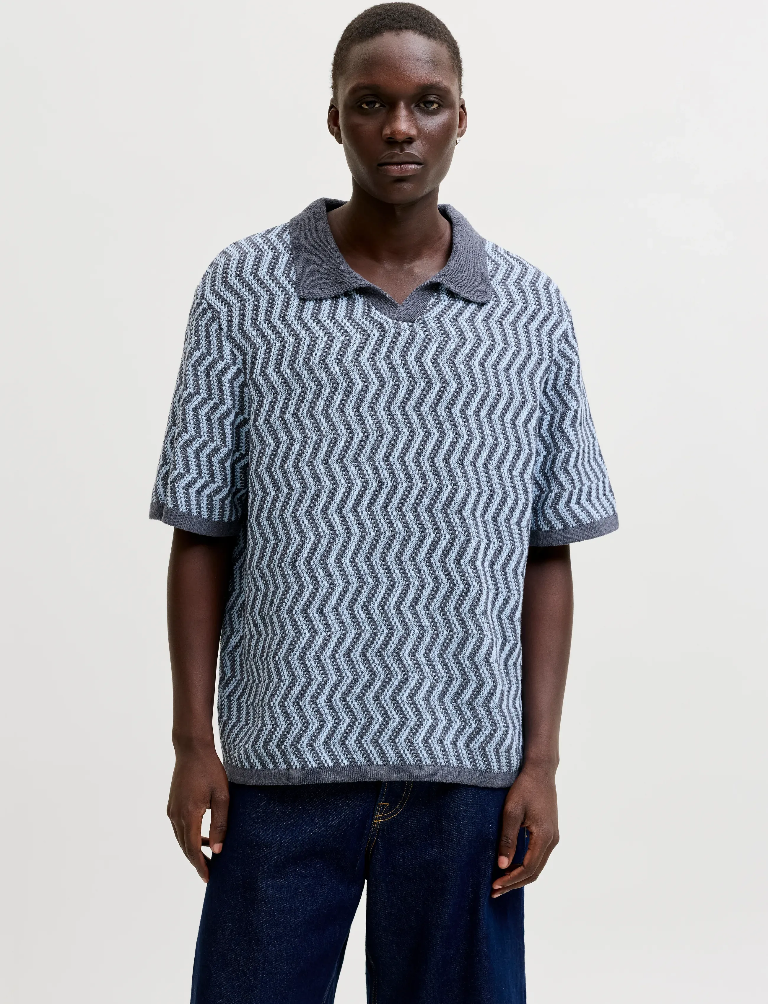 Jack & Jones Joraiden Knit Split Neck Polo Styd Ss26, S, Grey, Strik > Kortærmede Strikkede Poloer, Herre
