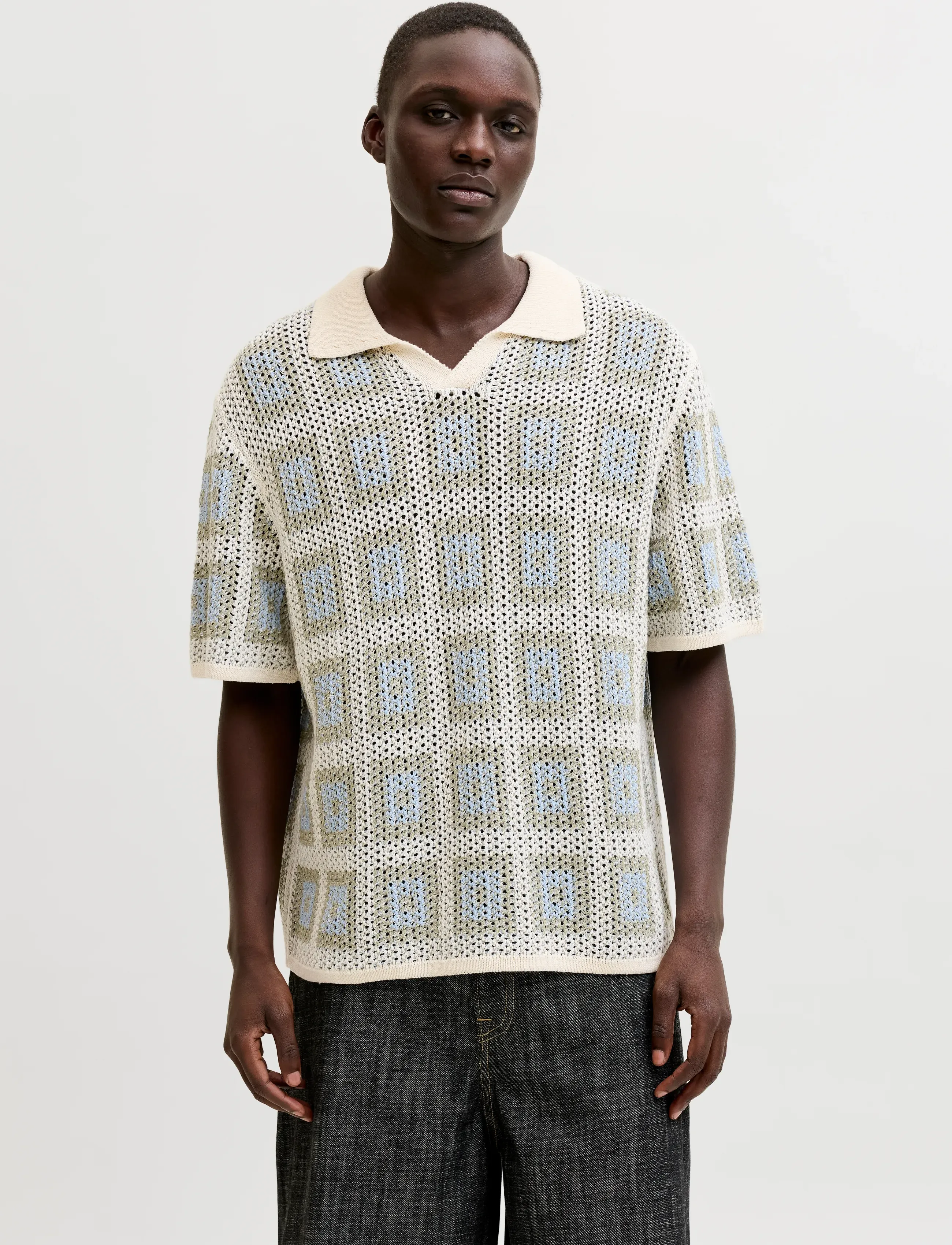 Jack & Jones Joraiden Knit Split Neck Polo Styd Ss26, M, Blue, Strik > Kortærmede Strikkede Poloer, Herre