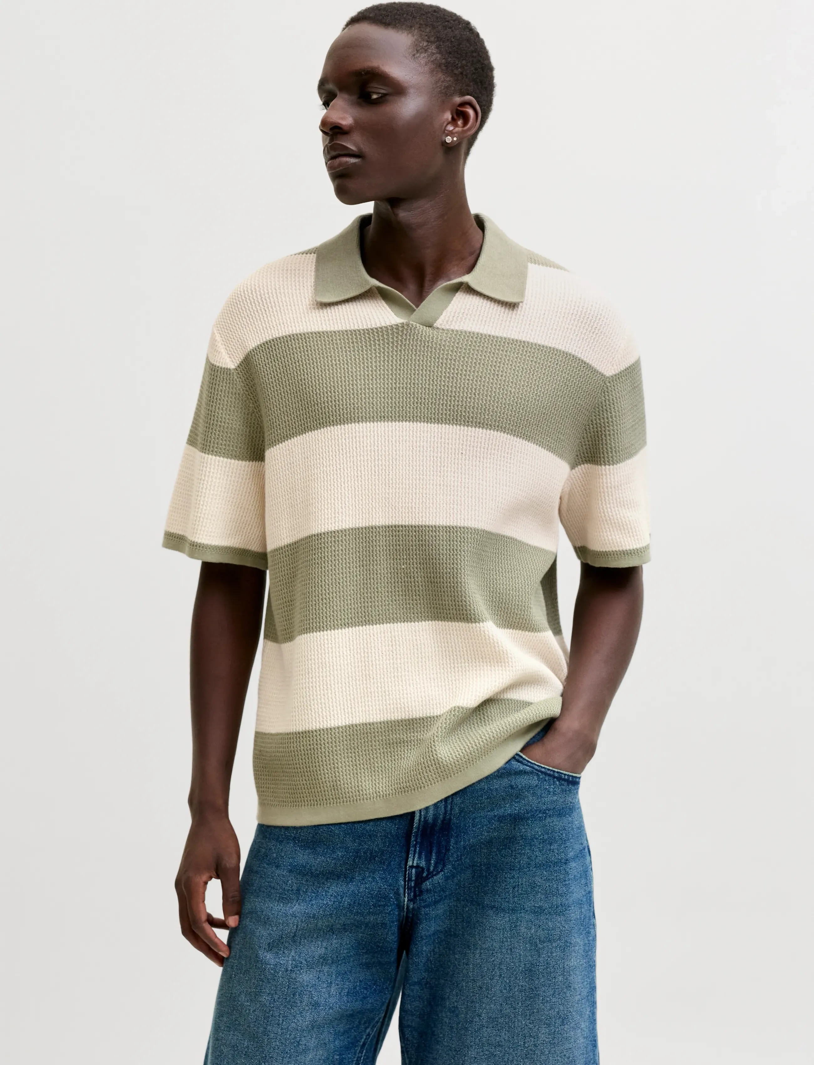 Jack & Jones Jorliam Knit Stripe Split Neck Styd Ss26, Mænd, Stribet Strikket Poloshirt, Kakigrøn, Str: XL