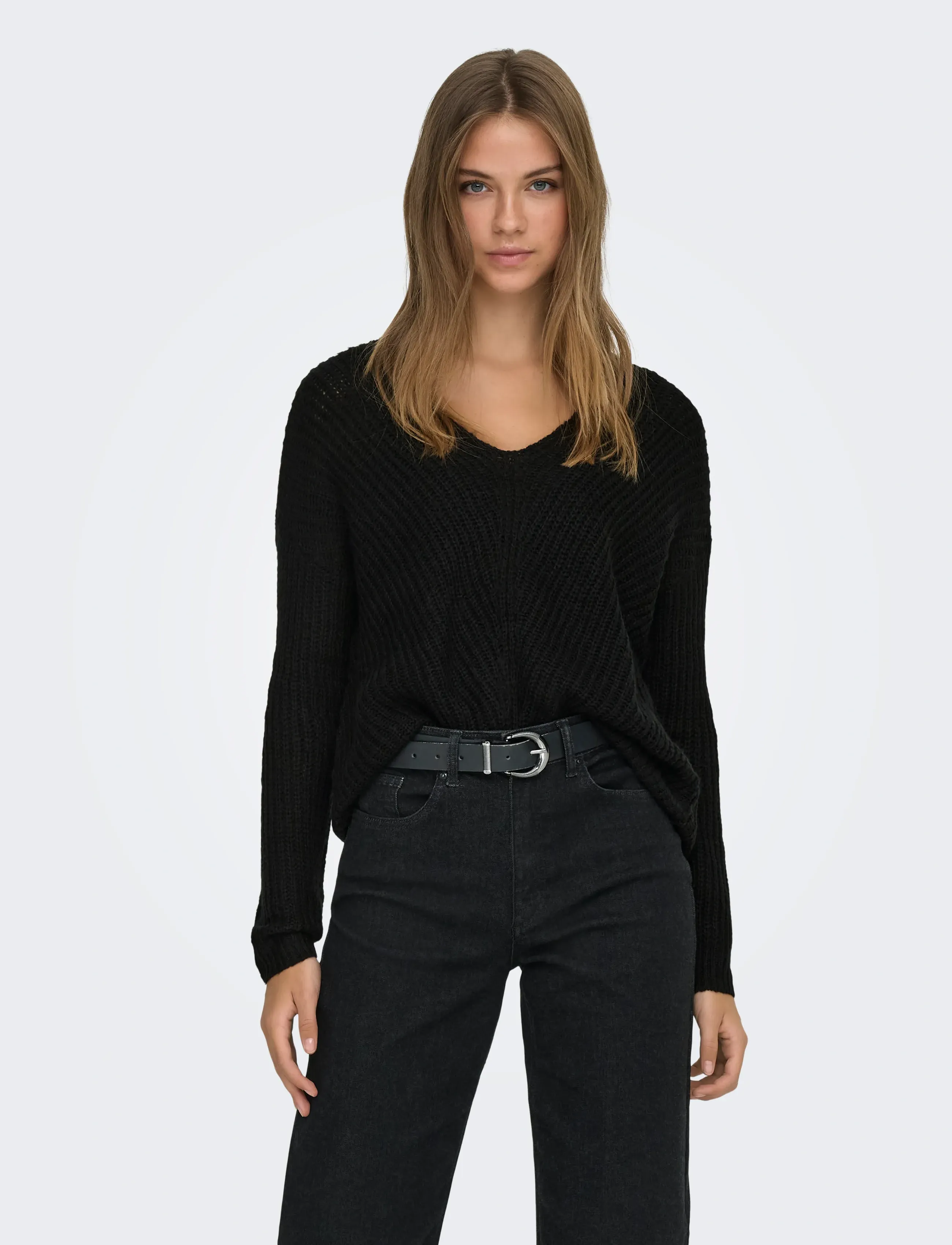 JDY new Megan L/S Pullover Knt Noos, Kvinder, Langærmet V-Hals Strikket Pullover, Sort, Str: XS