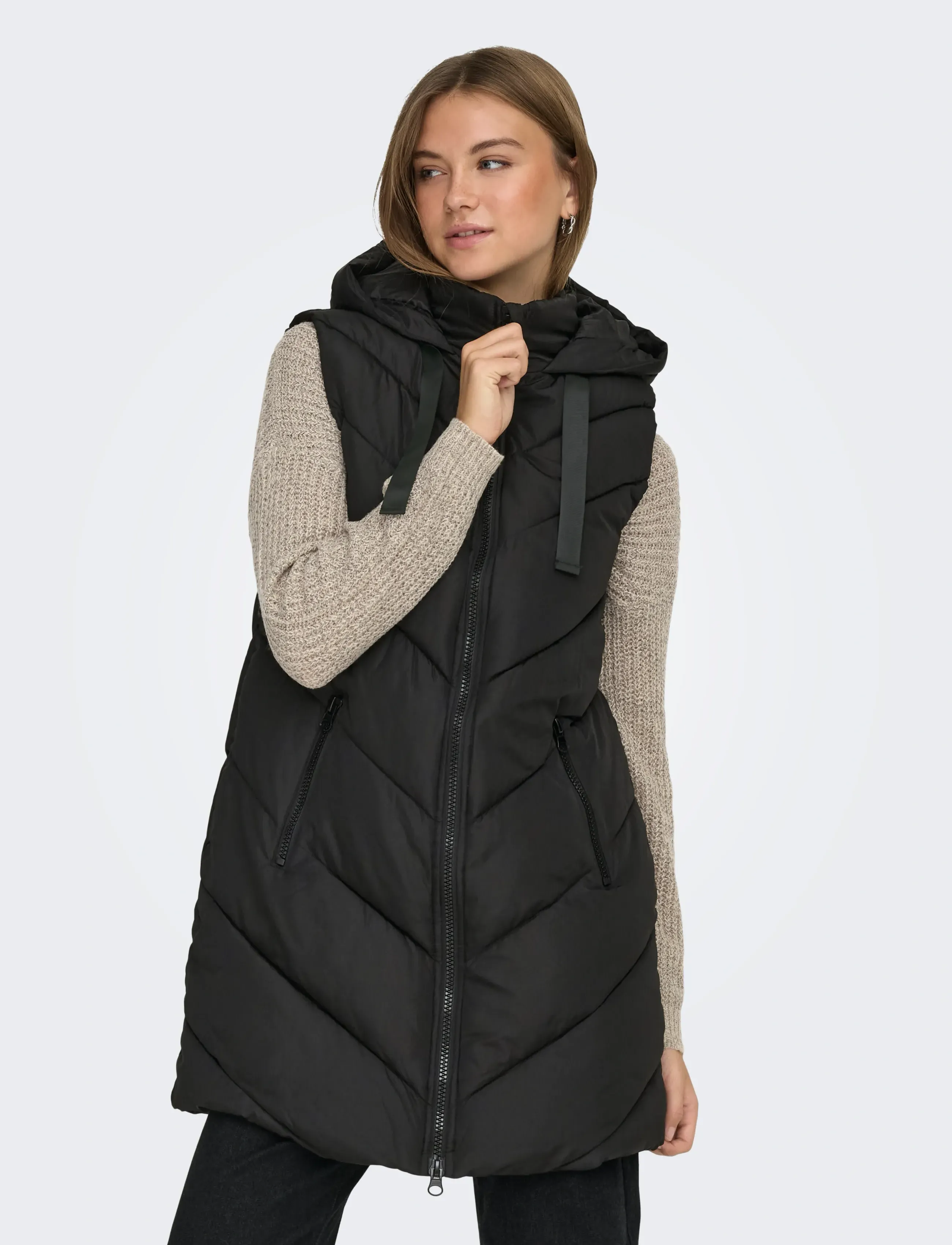 JDY skylar Hood Waistcoat Otw Noos, Kvinder, Lang Hætte Puffer Vest, Sort, Str: XS