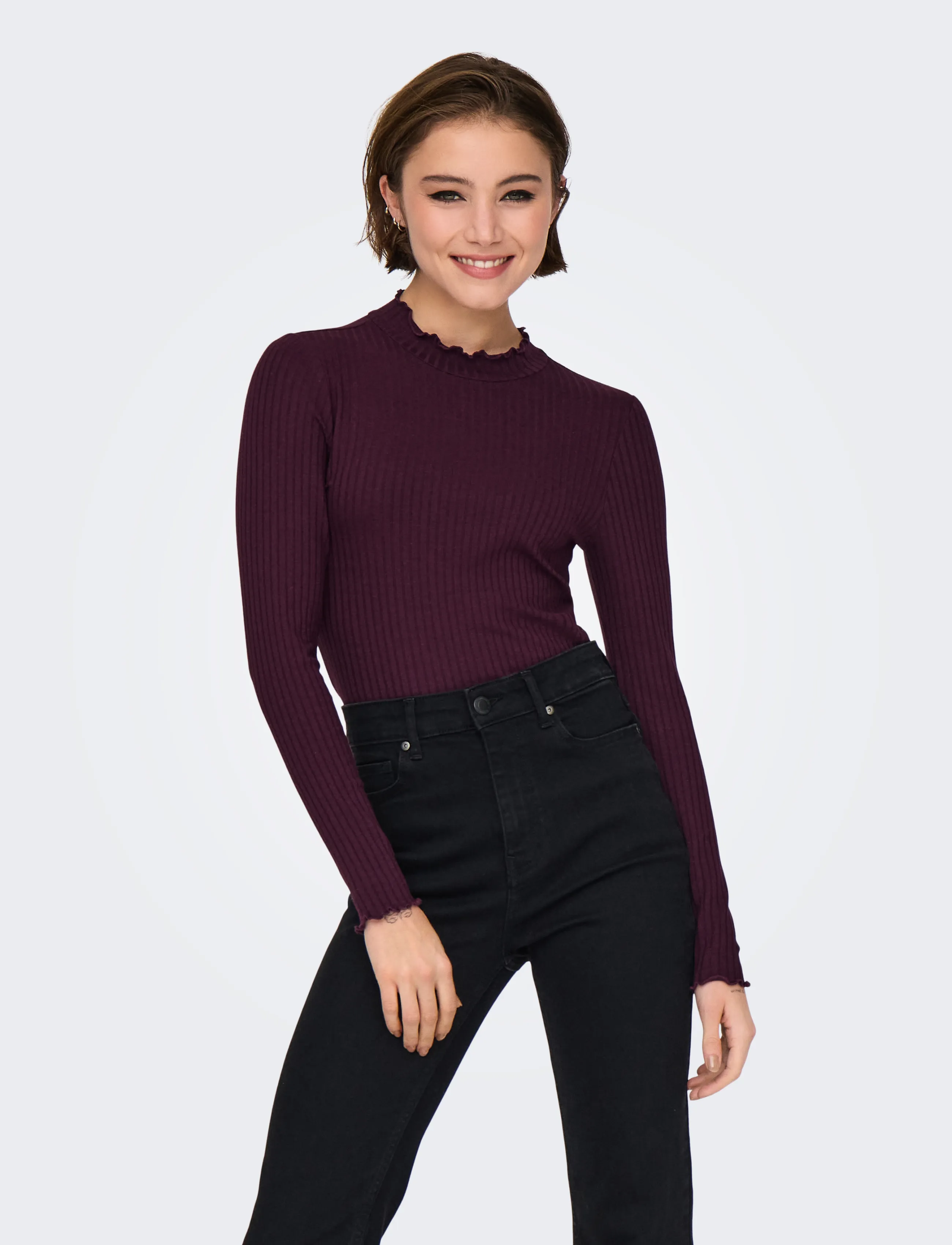 JDY JDYFRANSISKA LIFE L/S HI-NCK TOP JR NOOS - T-särgid ja topid - WINETASTING / burgundy