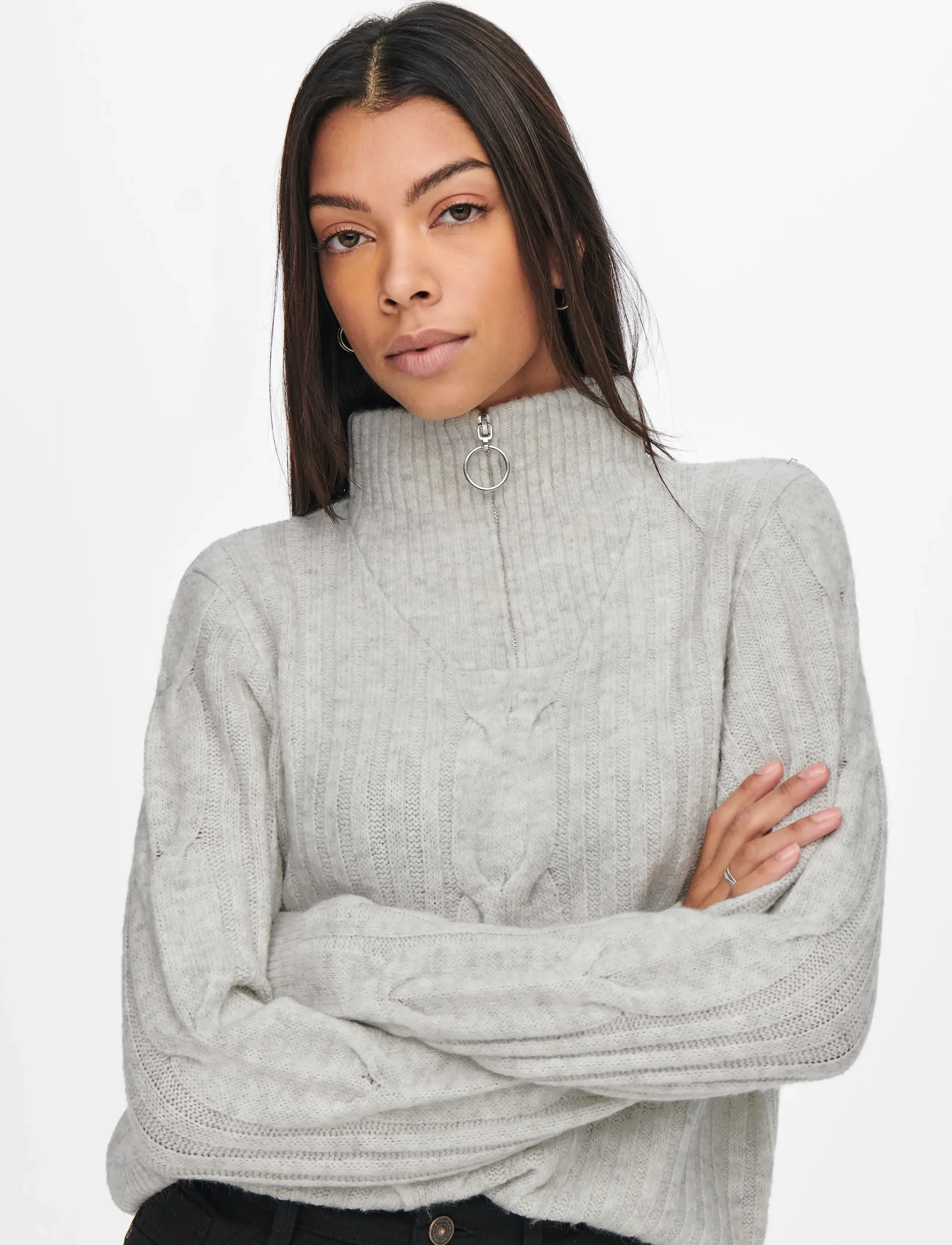JDY - JDYANDREA L/S ZIP CABLE PULLOVE KNT NOOS - super light grey melange - 5