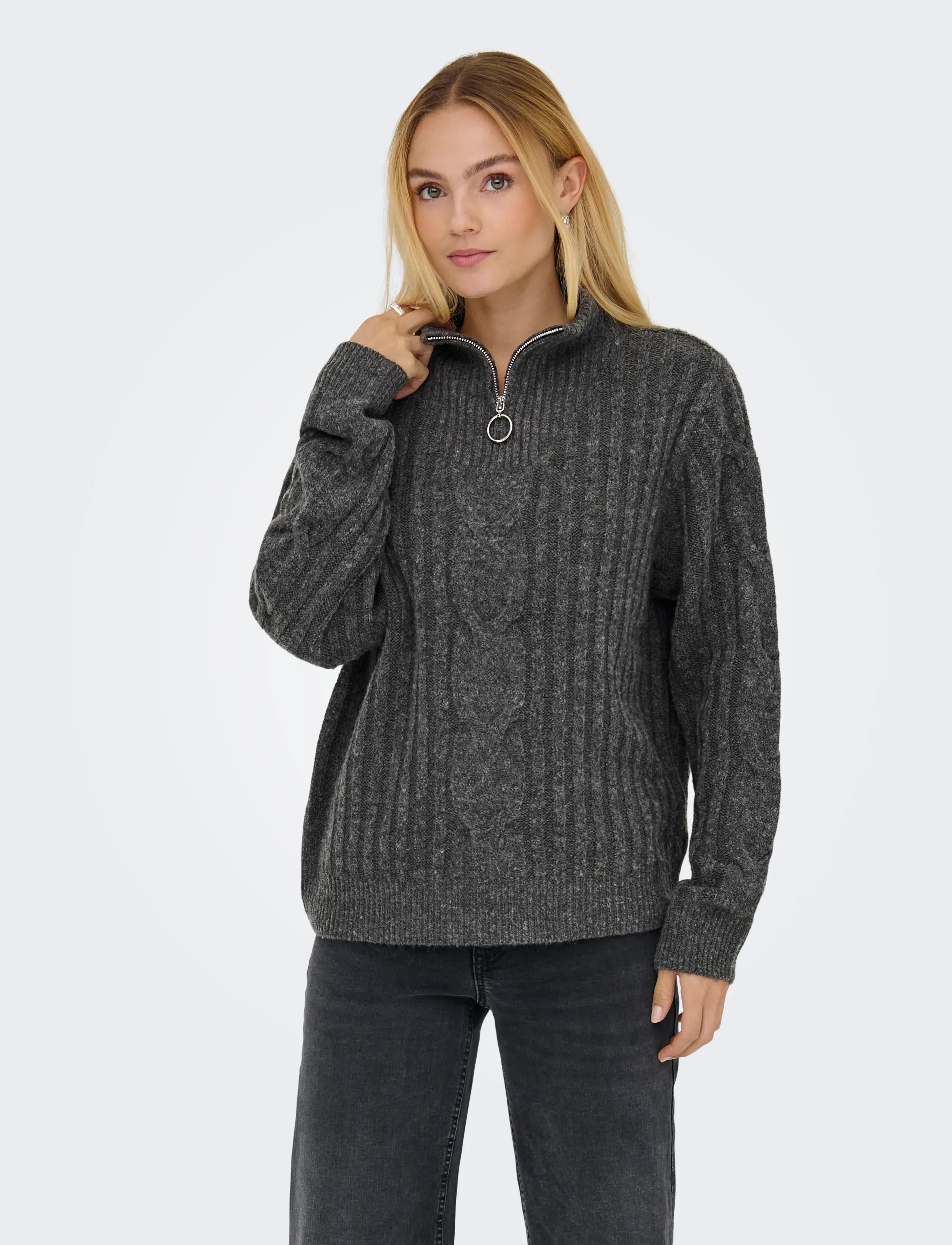 JDY - JDYANDREA L/S ZIP CABLE PULLOVE KNT NOOS - herbstliche kleidung - dark grey melange - 0