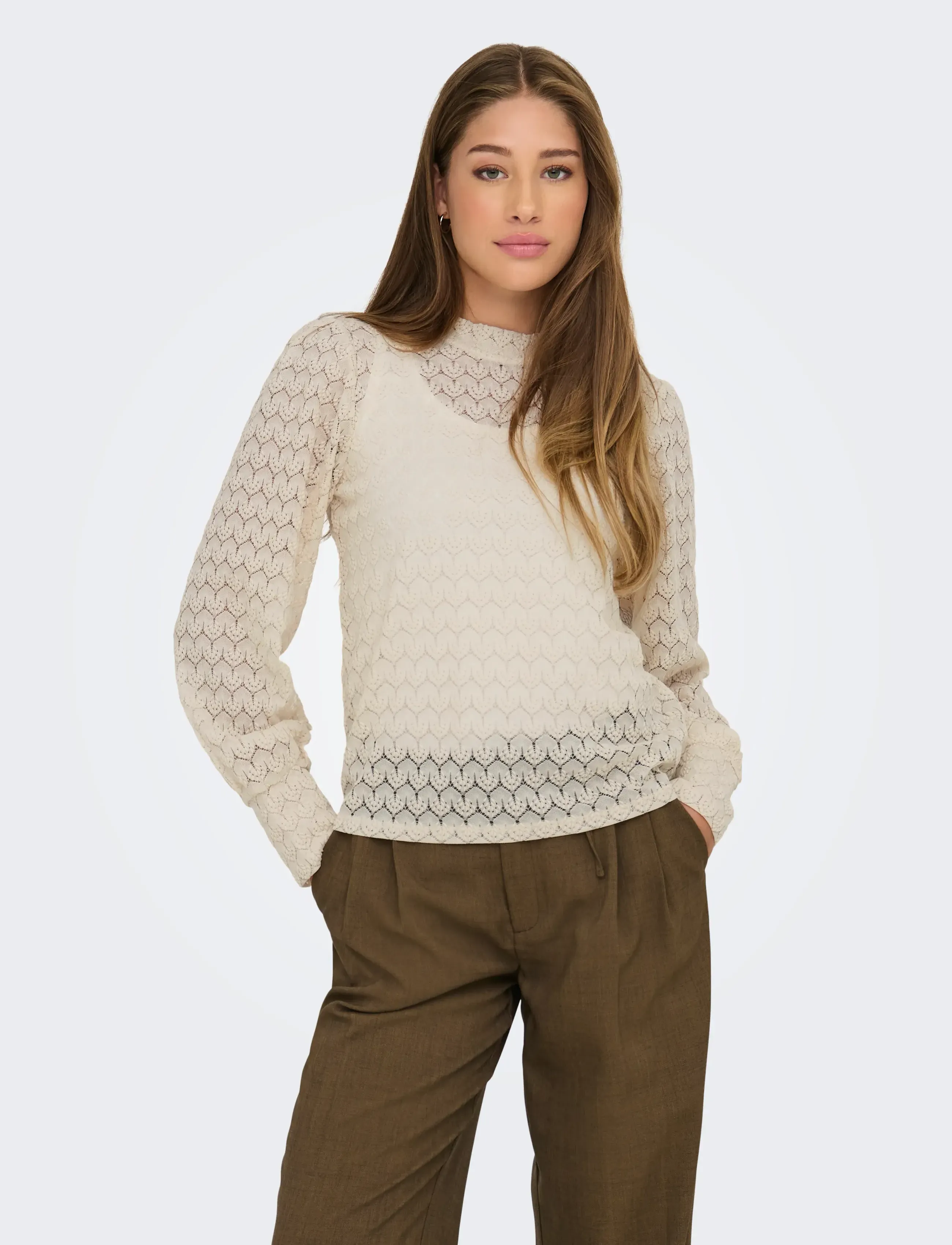JDY JDYAVERY L/S LACE TOP JRS NOOS - Pluusid ja särgid - SANDSHELL / cream