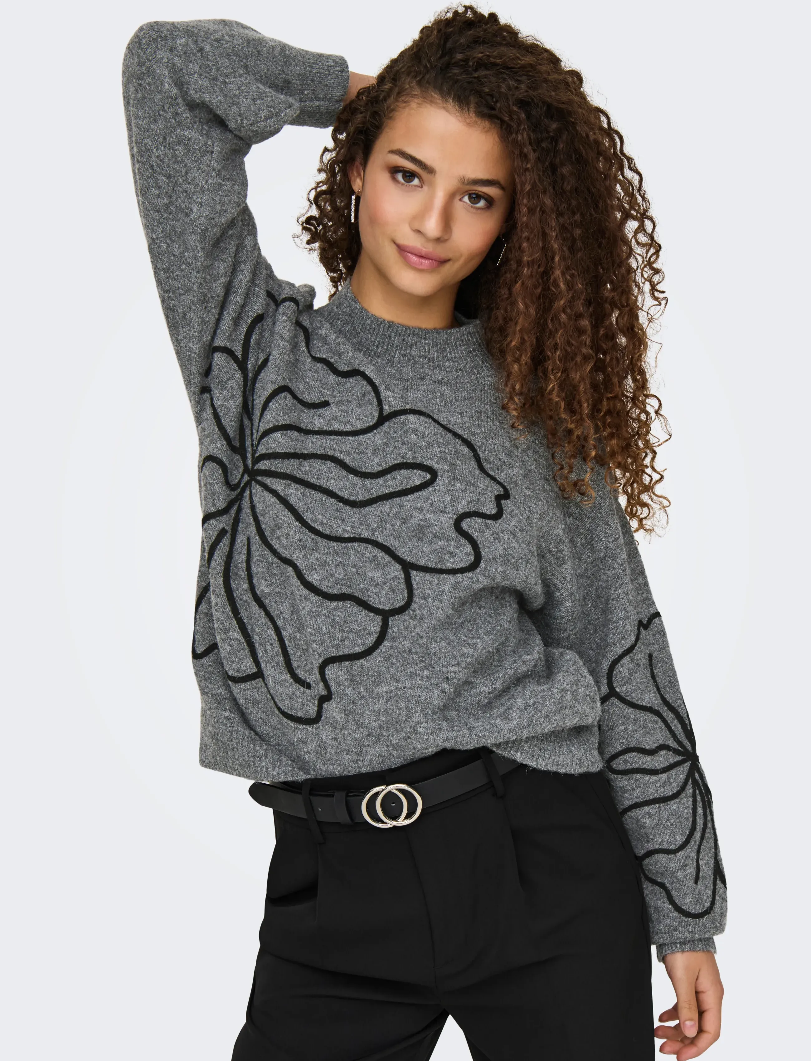 JDY - JDYJELLA L/S FLOWER PULLOVER KNT NOOS - herbstliche kleidung - dark grey melange - 5