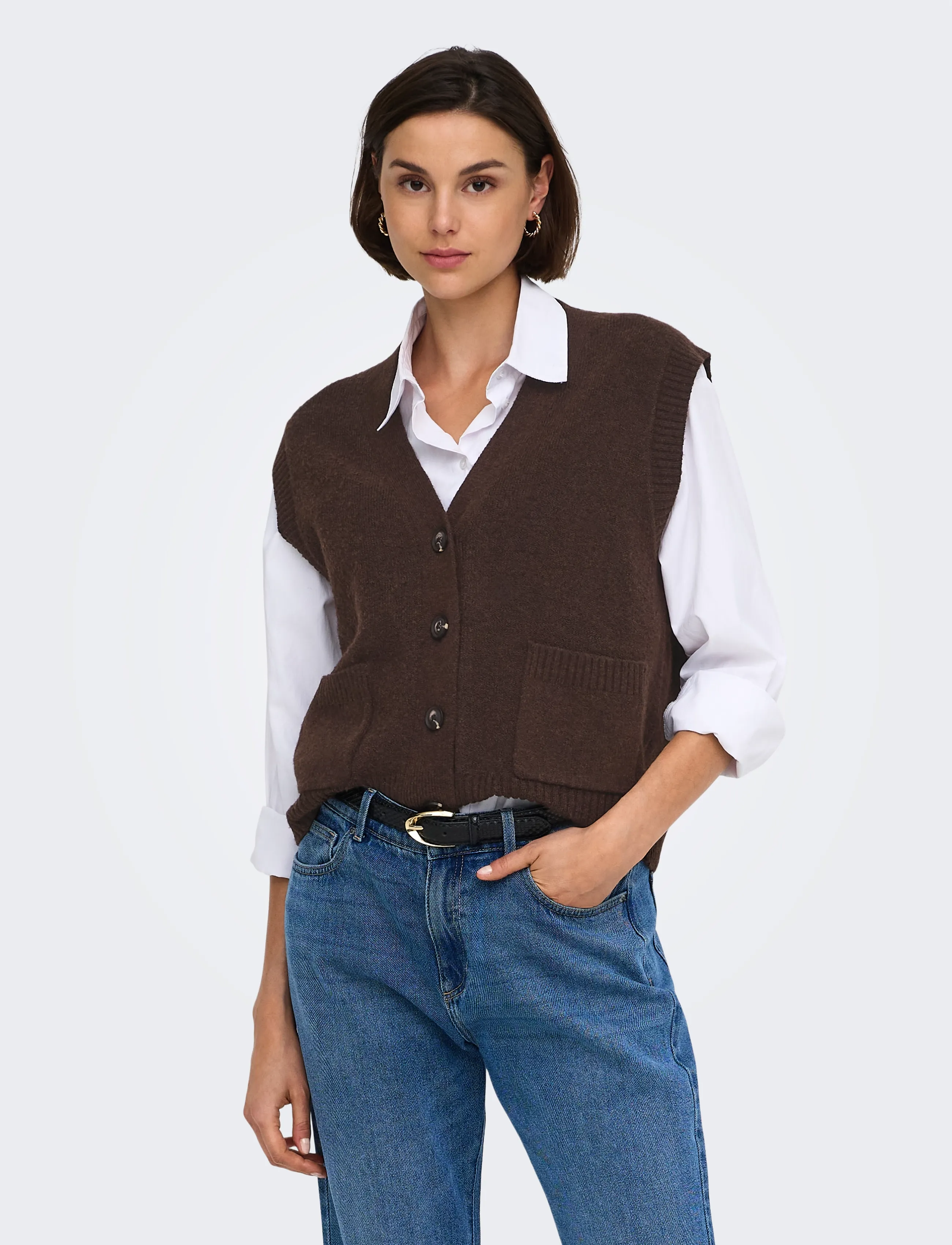 JDY Jdysuper S/L V-Neck Vest Knt Noos, XS, Brown, Veste > Strikkede Veste, Dame