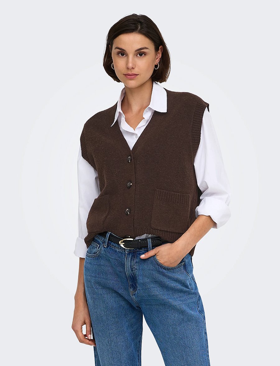 JDY - JDYSUPER S/L V-NECK VEST KNT NOOS - stickade västar - coffee bean - 0