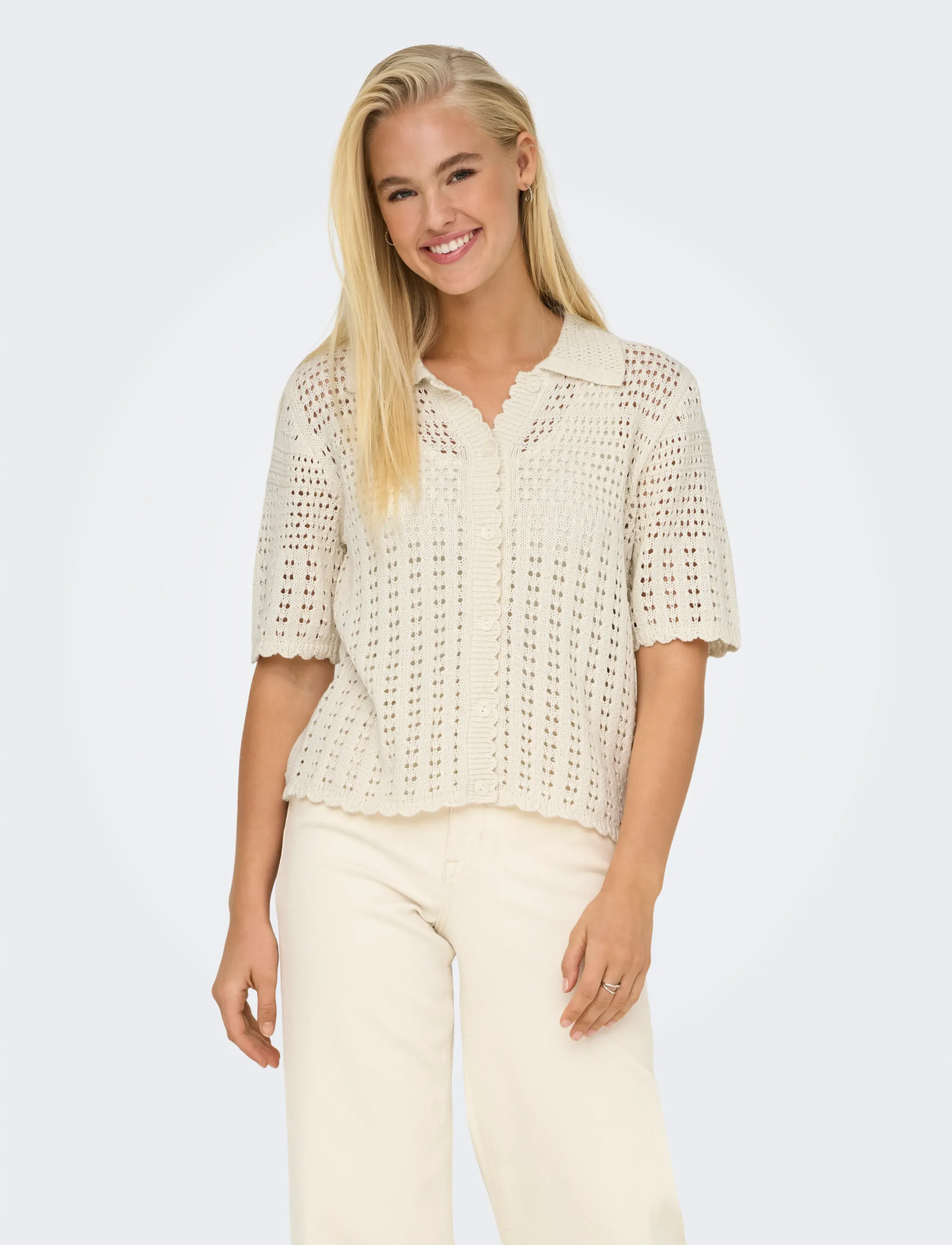 JDY robin 2/4 Collar Cardigan Knt Noos, Kvinder, Stribet Hæklet Cardigan Med Krave, Cream, Str: XS