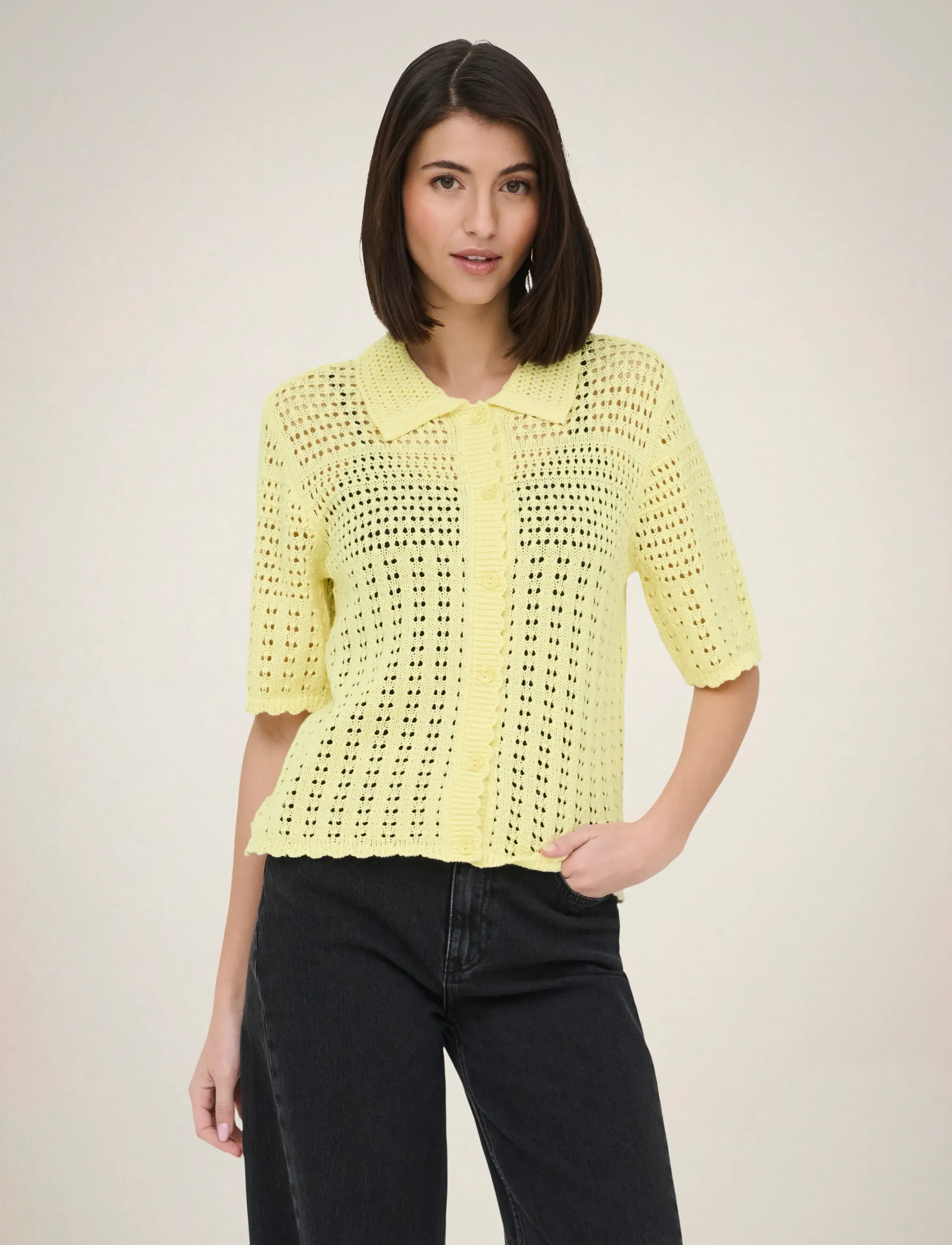 JDY robin 2/4 Collar Cardigan Knt Noos, Kvinder, Stribet Hæklet Cardigan Med Krave, Gul, Str: S