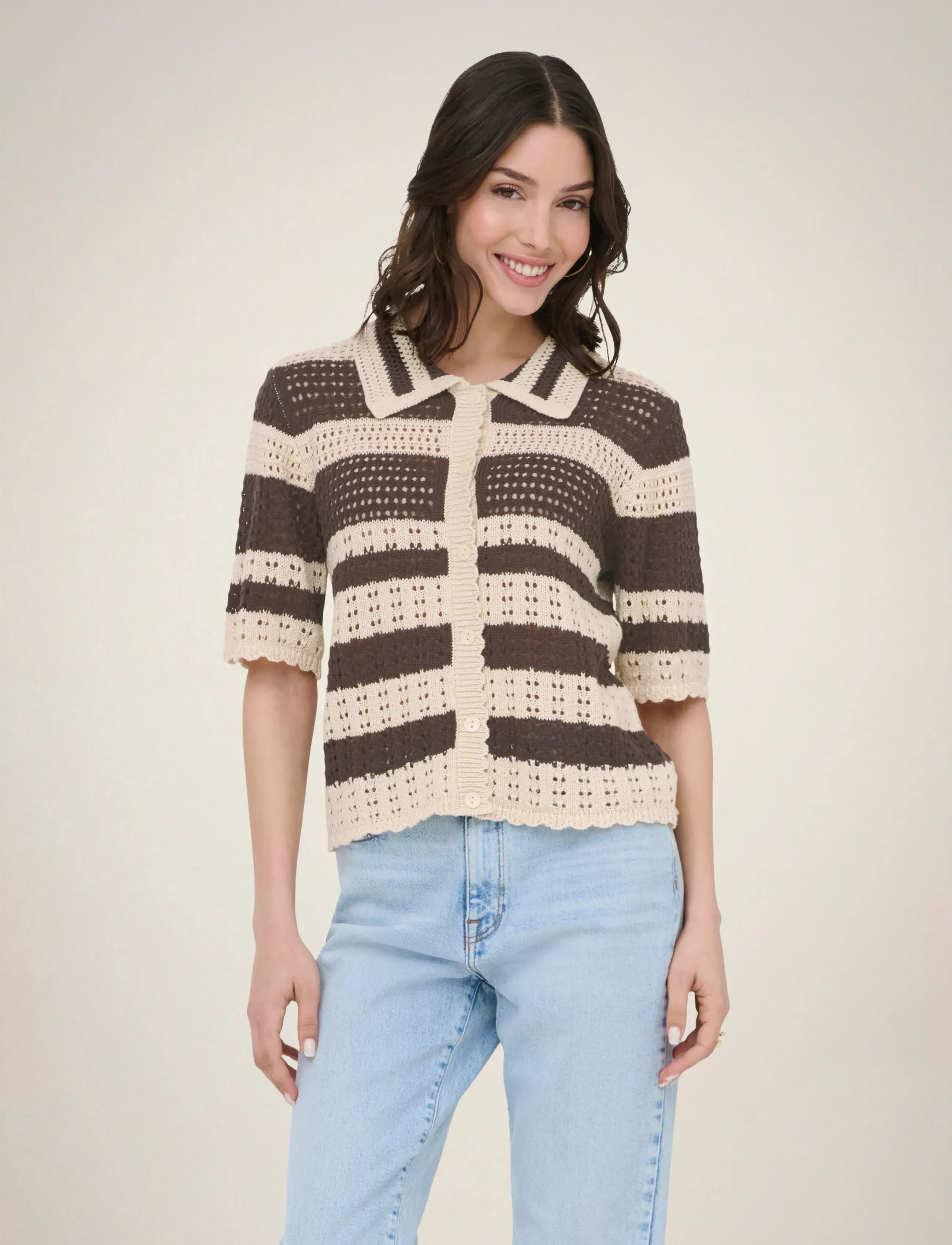 JDY robin 2/4 Collar Cardigan Knt Noos, Kvinder, Stribet Hæklet Cardigan Med Krave, Brun, Str: L