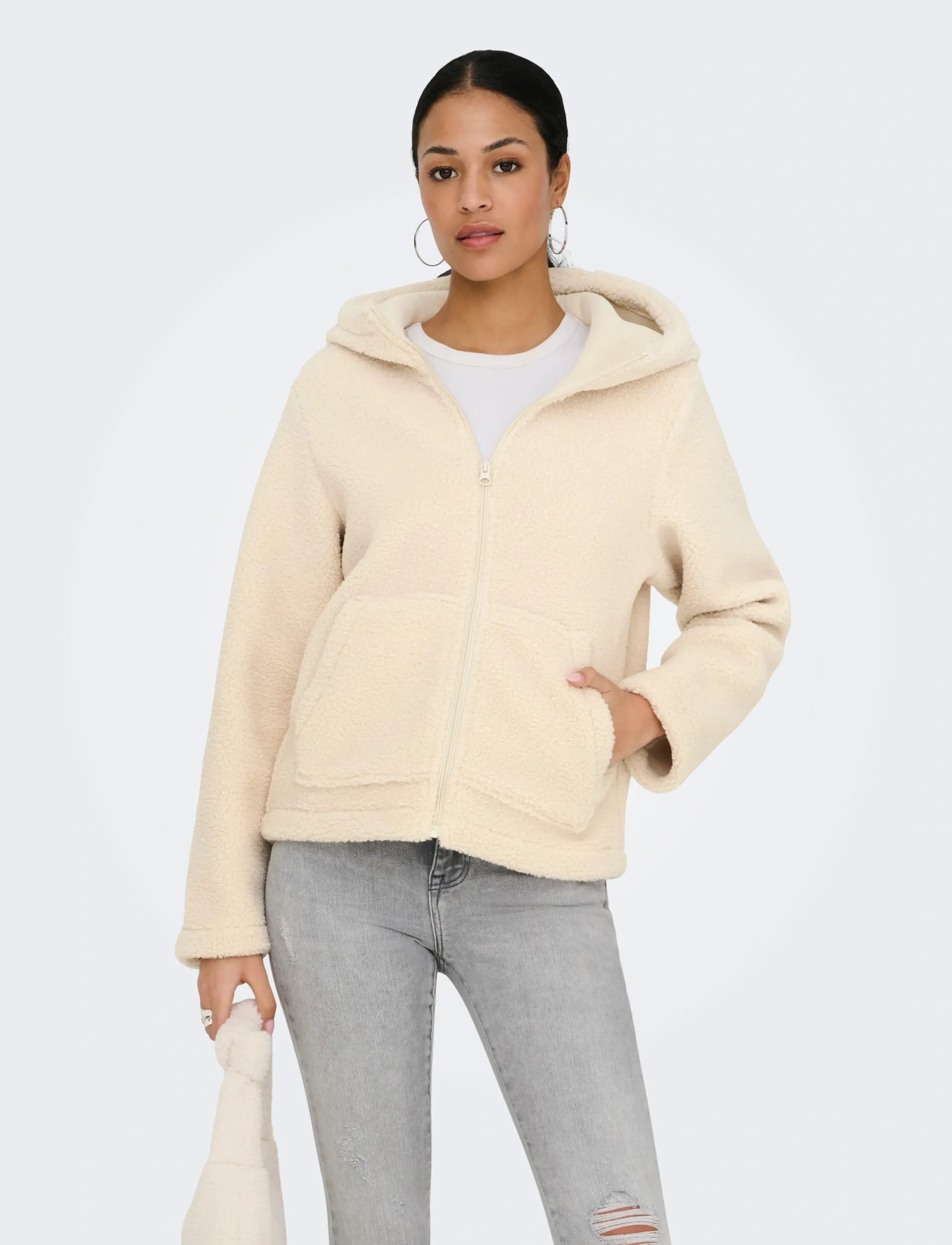 JDY reba Teddy Hood Jacket Otw Yfm, Kvinder, Teddy Hættejakke, Cream, Str: L