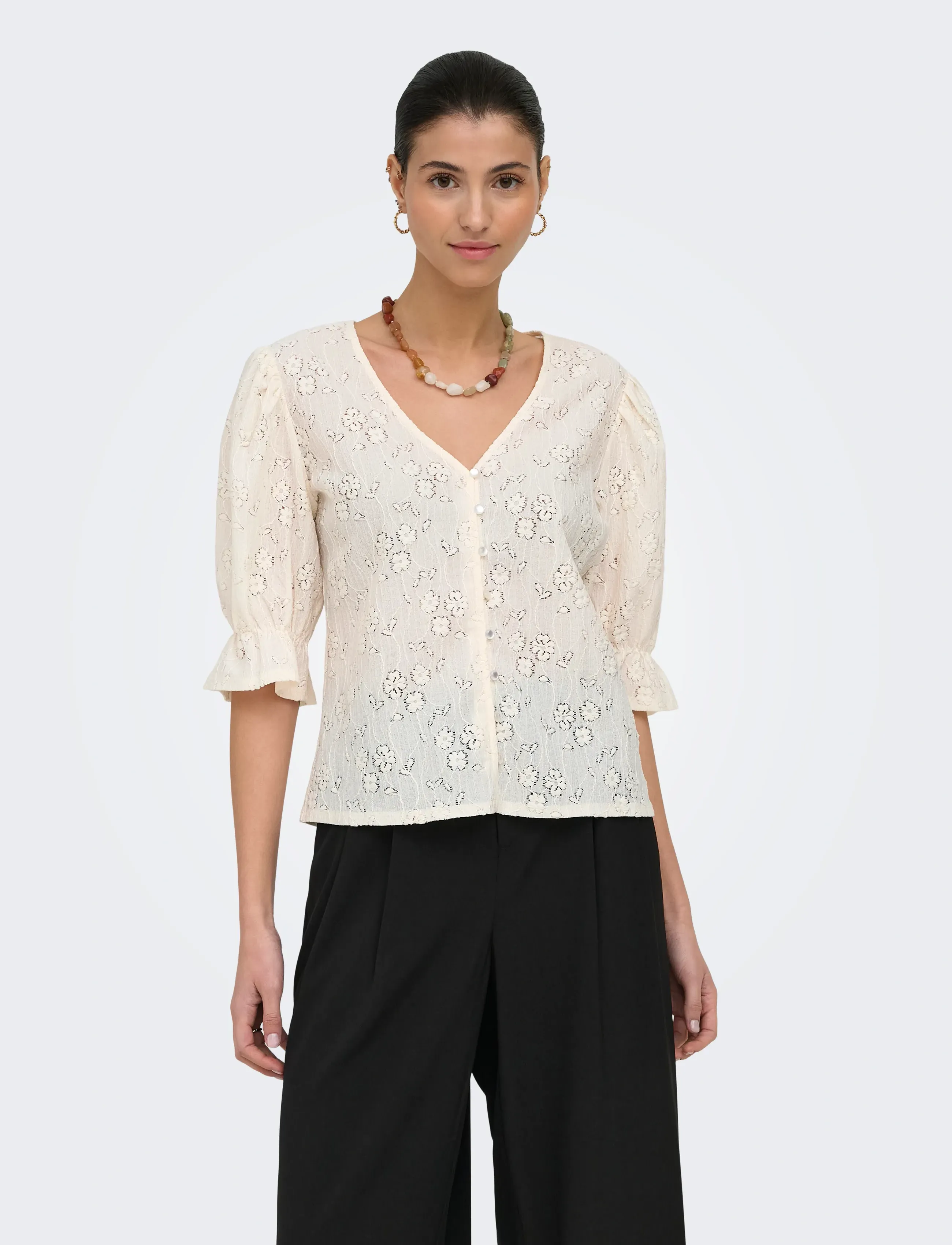 JDY jakobe 2/4 Lace Top Jrs, S, T-shirts & Oberteile, Creme - Short-sleeved, Frauen