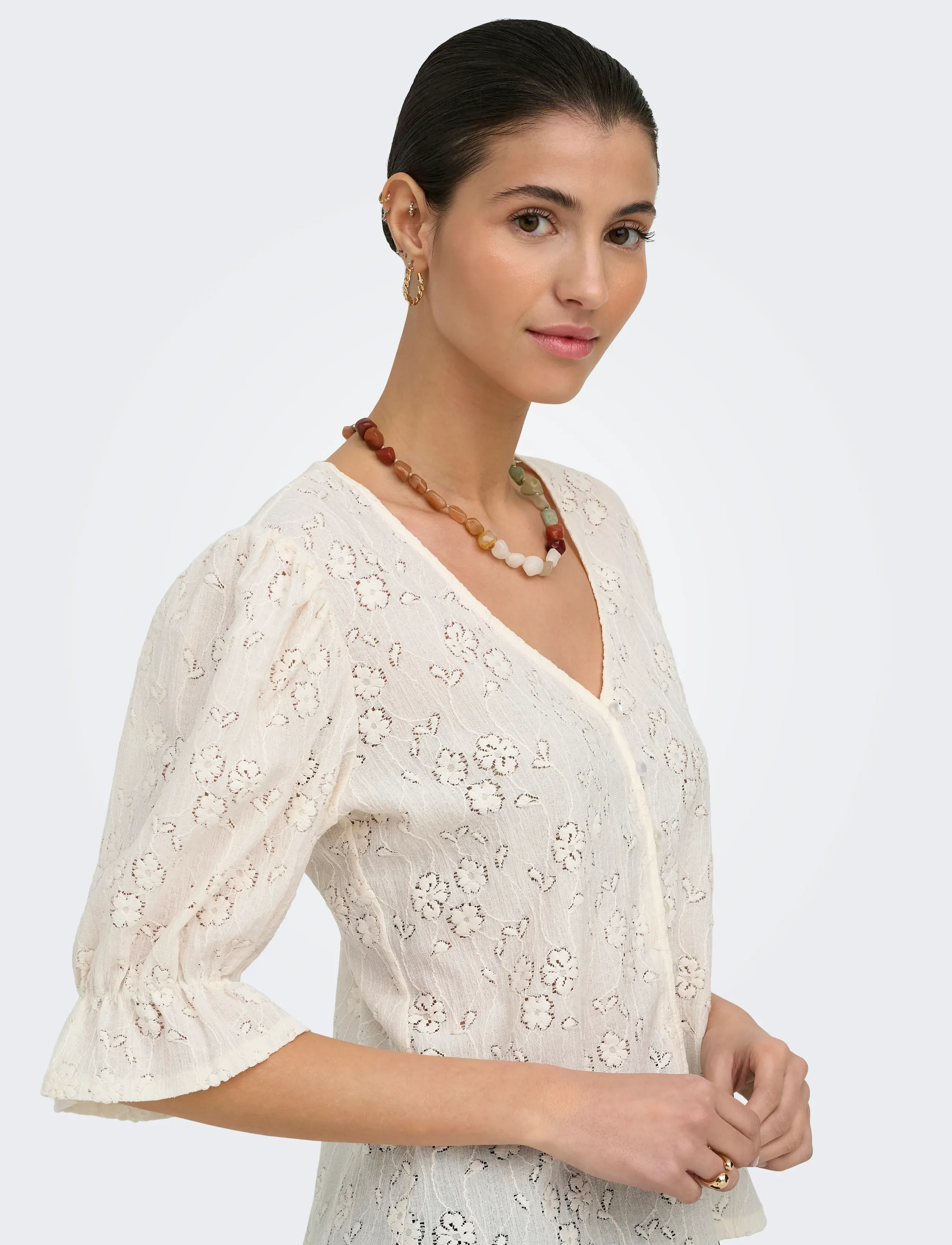 JDY - JDYJAKOBE 2/4 LACE TOP JRS - t-shirts - egret - 5