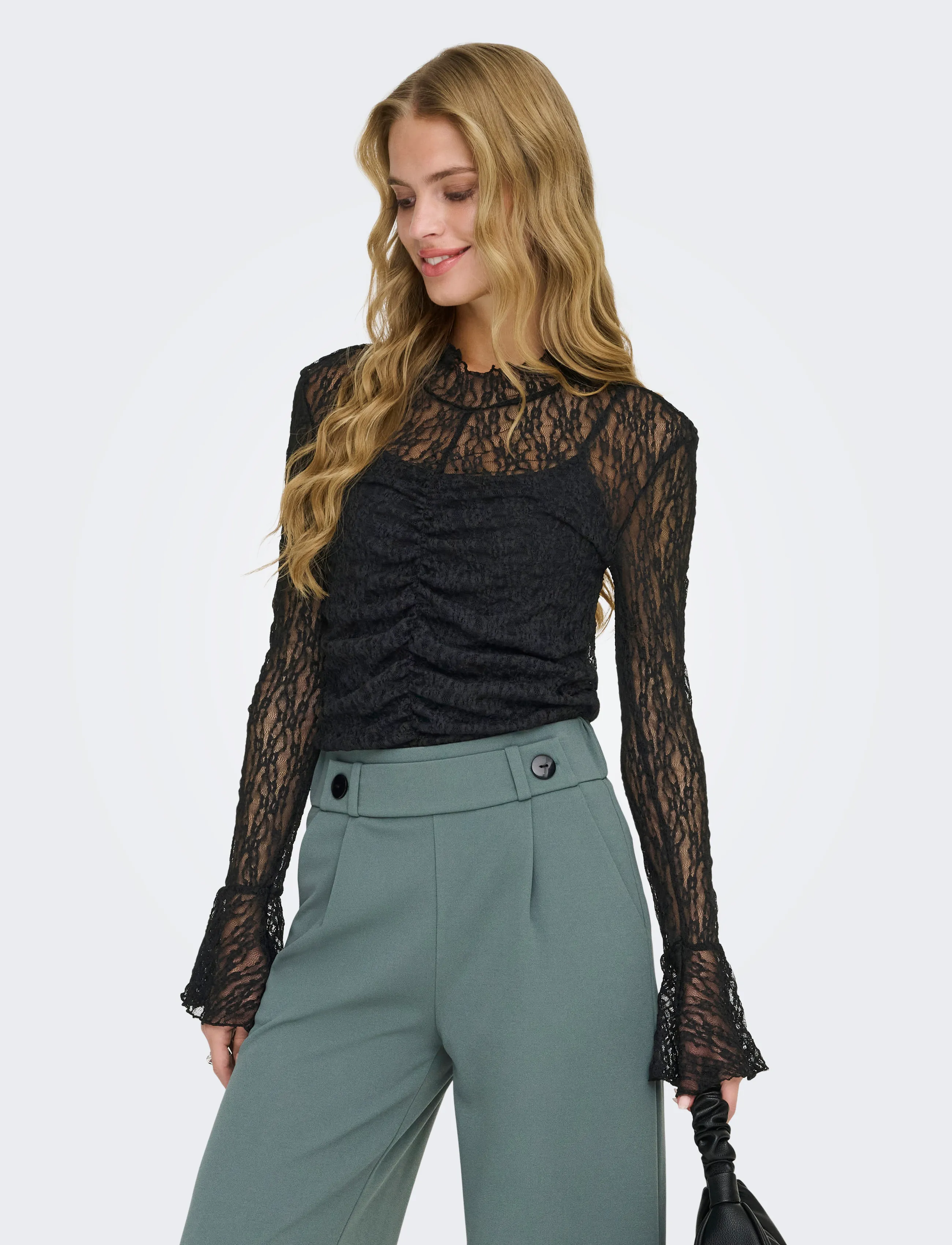 JDY JDYLALA L/S HIGH NECK LACE TOP JRS - T-Shirts & Tops - BLACK / black