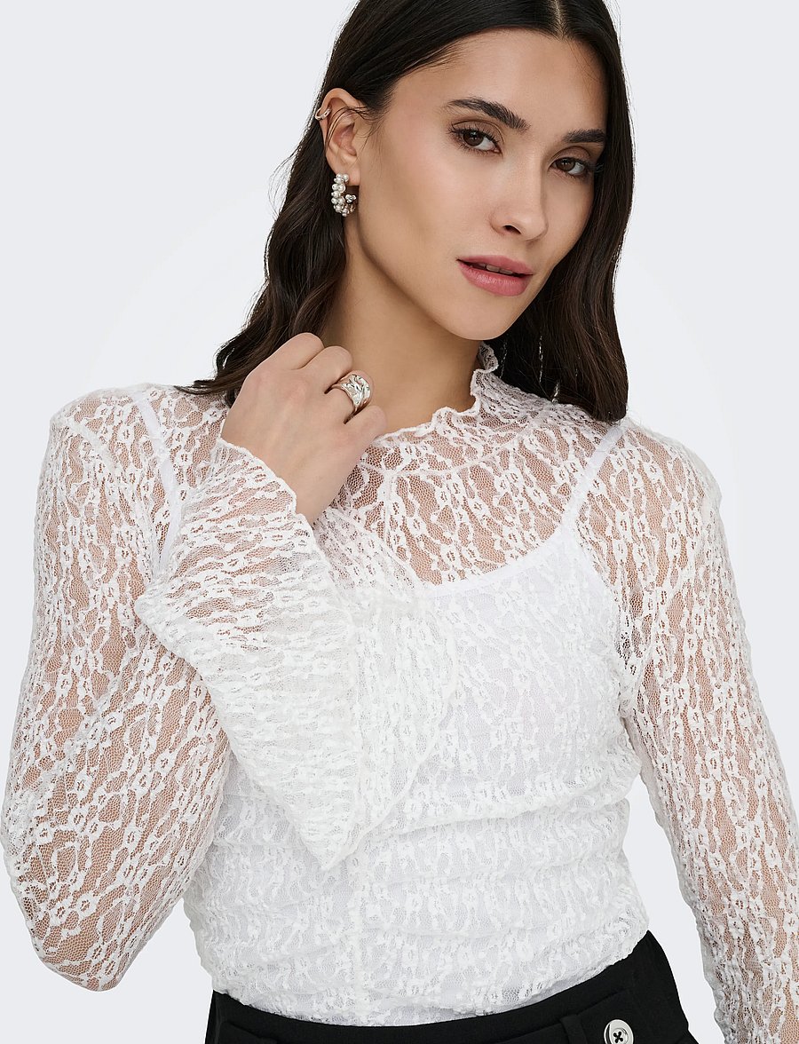 JDY - JDYLALA L/S HIGH NECK LACE TOP JRS - langærmede bluser - cloud dancer - 5