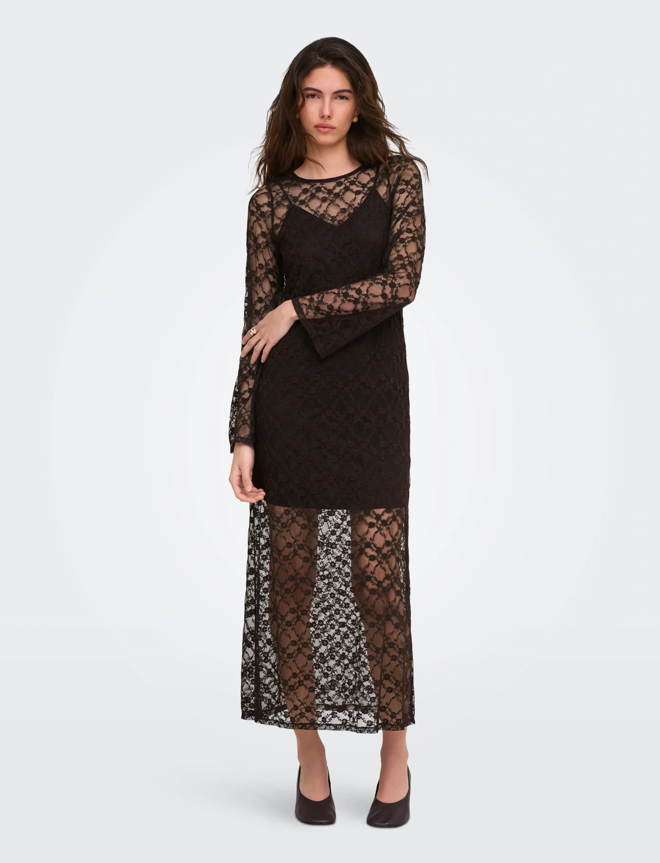 JDY JDYSILVIA L/S LACE MAXI DRESS JRS - Kläder - MULCH / brown