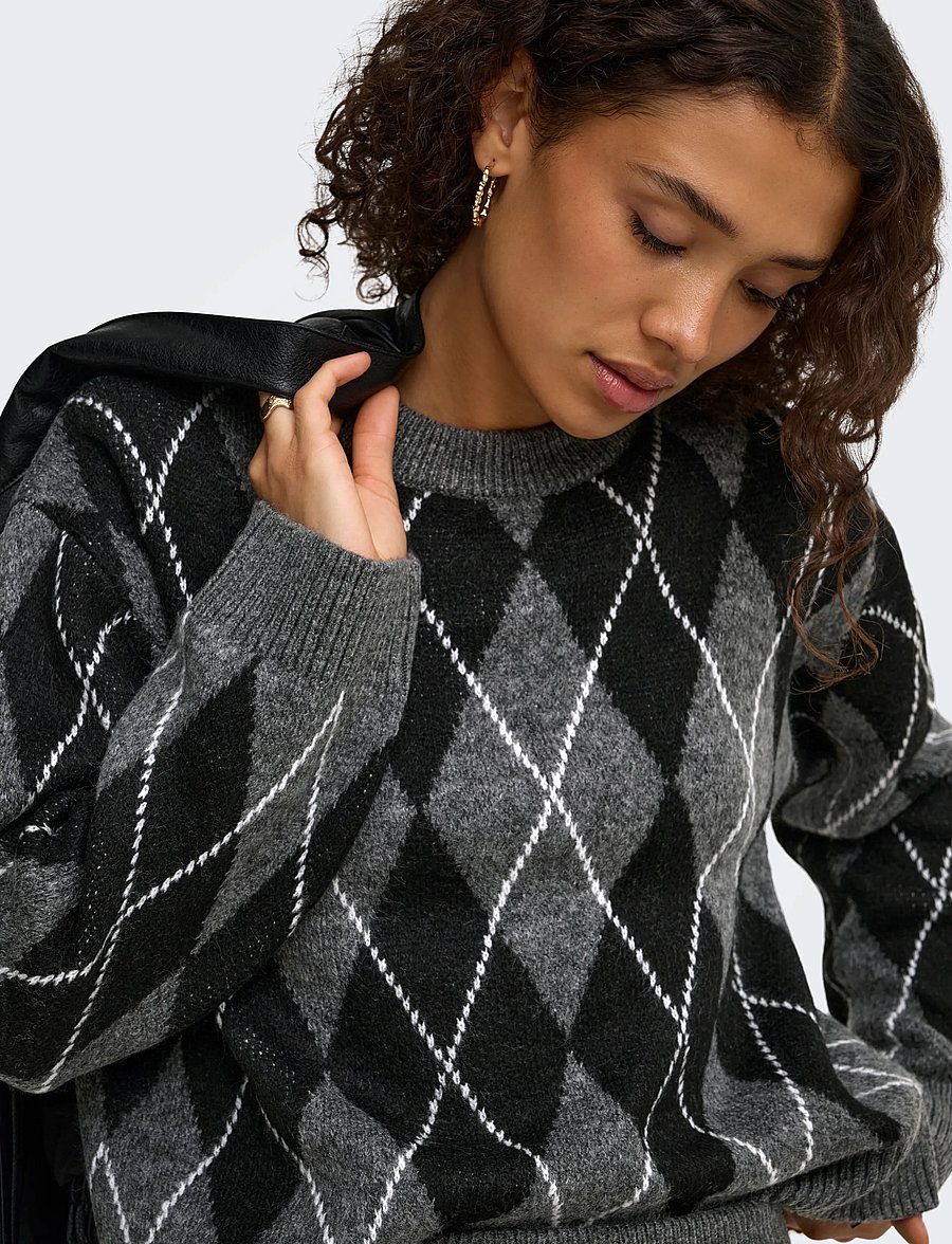 JDY - JDYBIANKA L/S ARGYLE PULLOVER KNT NOOS - dark grey melange - 5