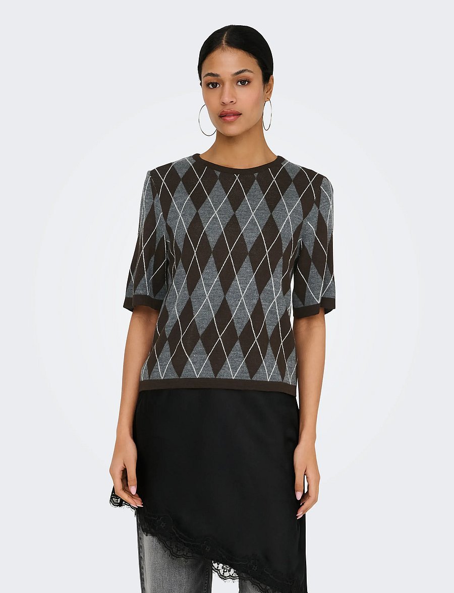 JDY - JDYMAGGY S/S ARGYLE PULLOVER KNT NOOS - dark grey melange - 0