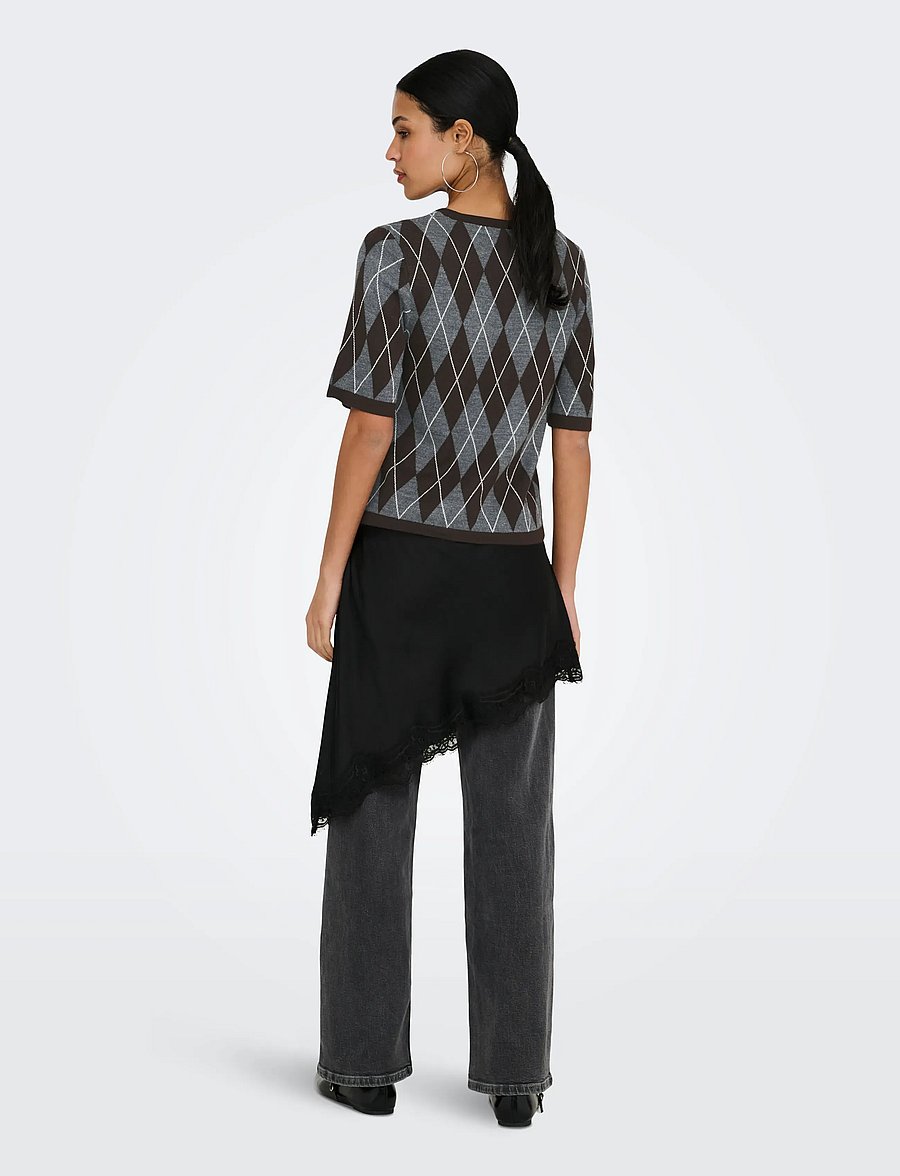 JDY - JDYMAGGY S/S ARGYLE PULLOVER KNT NOOS - dark grey melange - 3