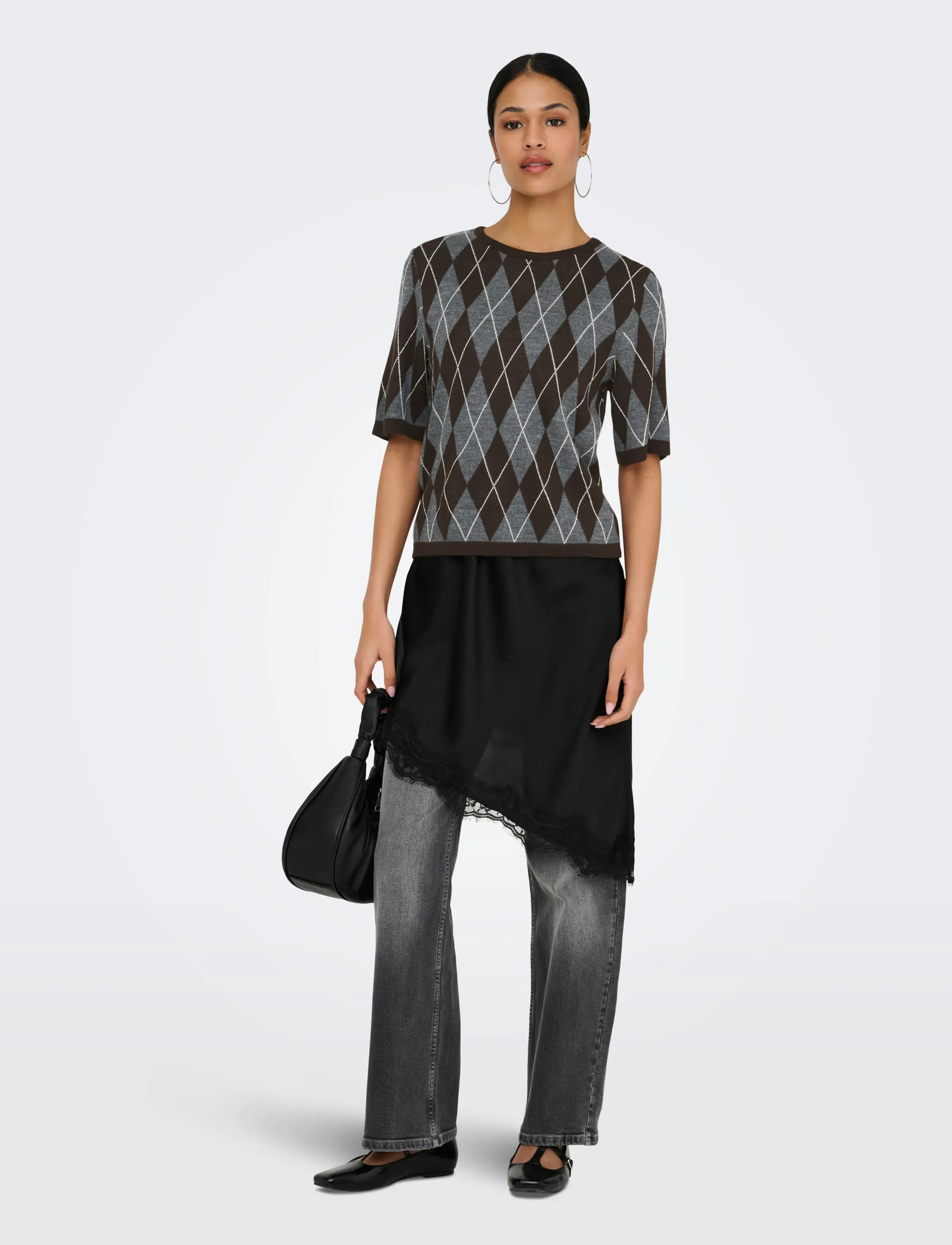 JDY - JDYMAGGY S/S ARGYLE  PULLOVER KNT NOOS - dark grey melange - 4