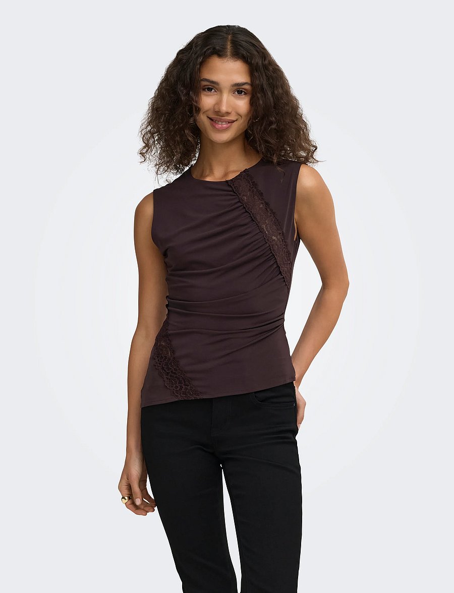 JDY - JDYMISTY S/L LACE DETAIL TOP JRS - tanktops - chocolate plum - 0