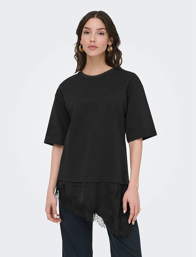 JDY - JDYALMA 2/4 LACE DETAIL T-SHIRT JRS EXP - t-shirts - black - 0