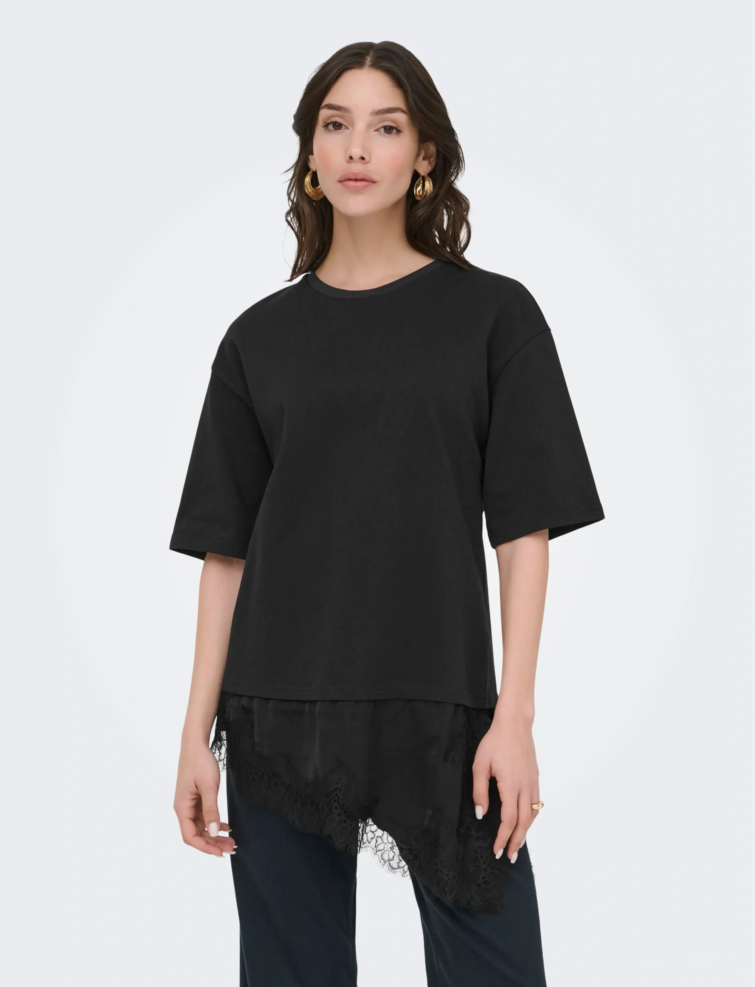 JDY JDYALMA 2/4 LACE DETAIL T-SHIRT JRS EXP - T-Shirts & Tops - BLACK / black