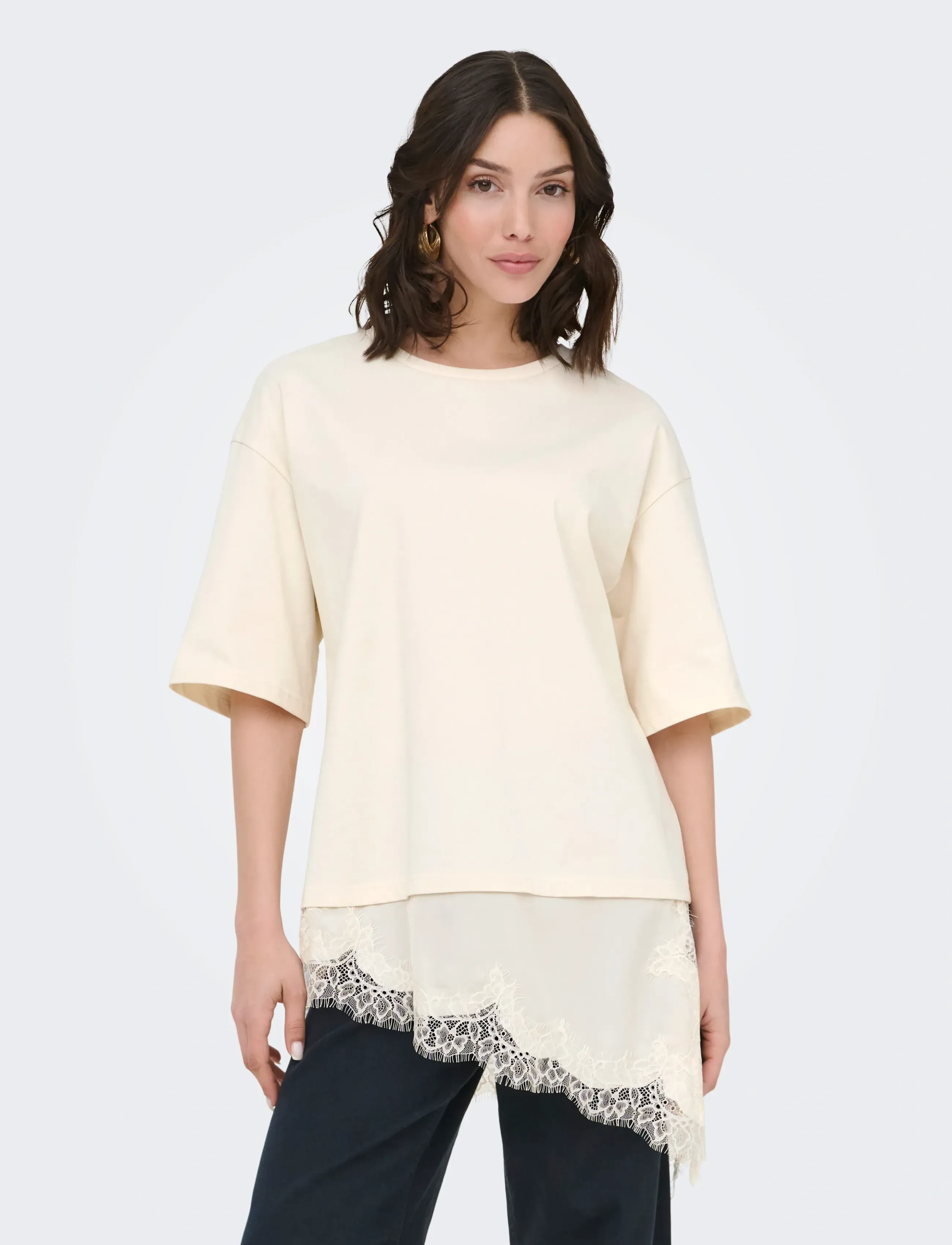 JDY JDYALMA 2/4 LACE DETAIL T-SHIRT JRS EXP - T-skjorter - EGRET / cream