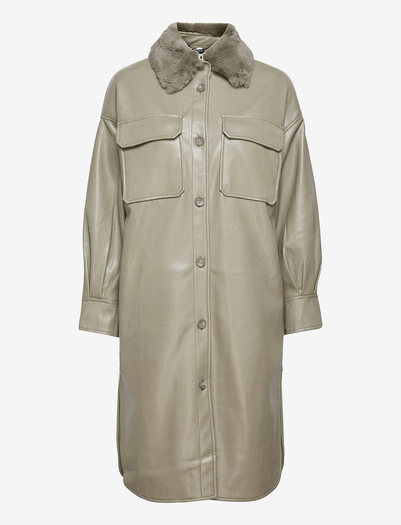 Jakke - Sharon Faux Leather Shacket With Fur Collar - wiosenne kurtki - olive - 0