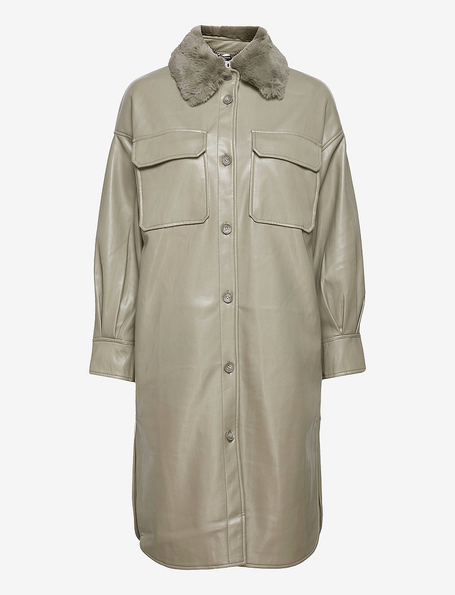 Jakke - Sharon Faux Leather Shacket With Fur Collar - forårsjakker - olive - 0