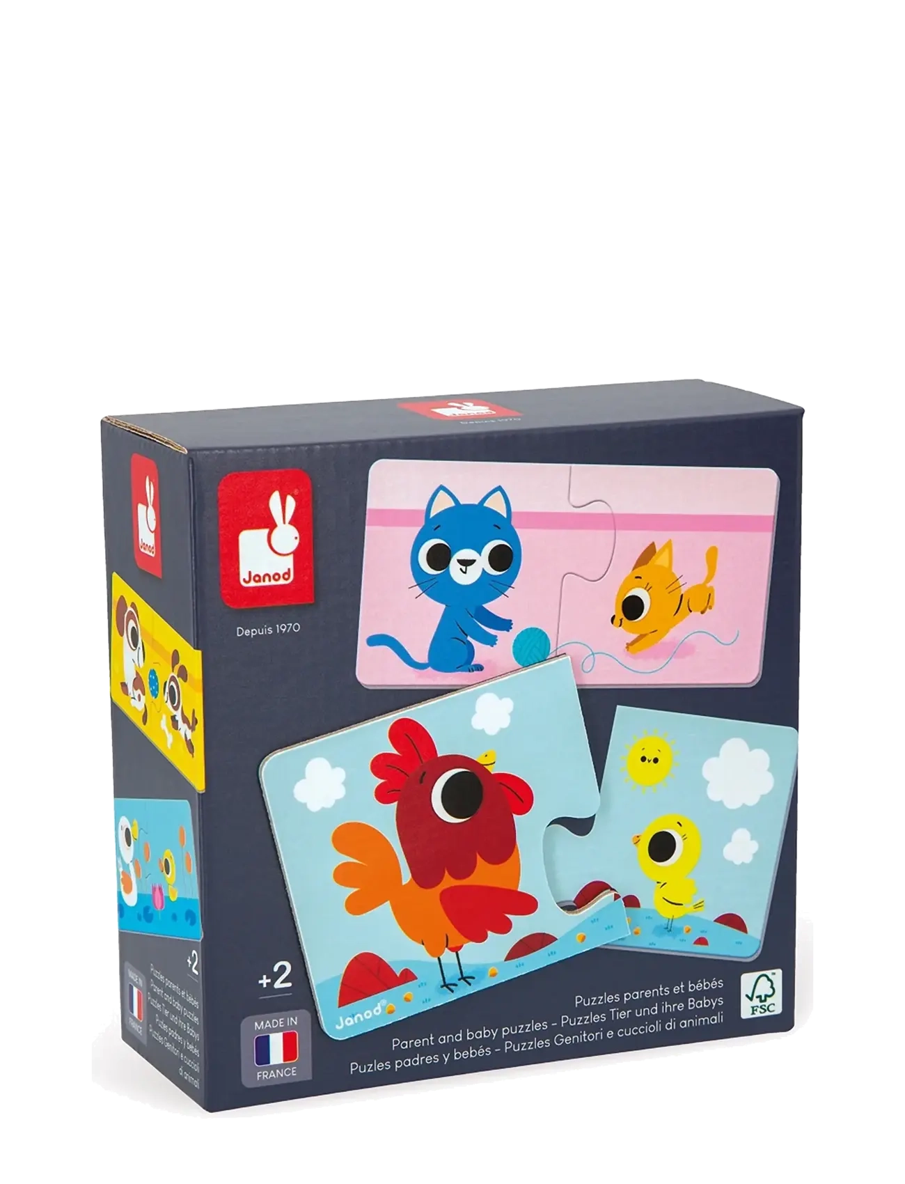 Janod - Puzzle Parent And Baby Animals, One Size, Puzzles, Marineblau Pedagogical Kinder