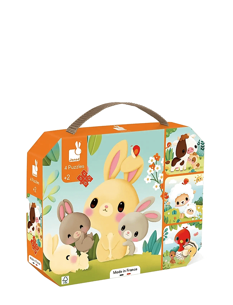 Janod - 4 Progressive Difficulty Farm Animal Puzzles 6-9-12-16 pcs - pædagogiske puslespil - mulit - 1