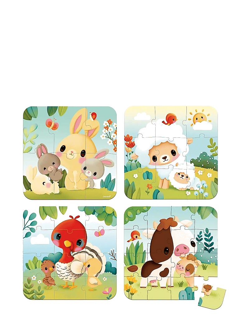 Janod - 4 Progressive Difficulty Farm Animal Puzzles 6-9-12-16 pcs - pædagogiske puslespil - mulit - 2