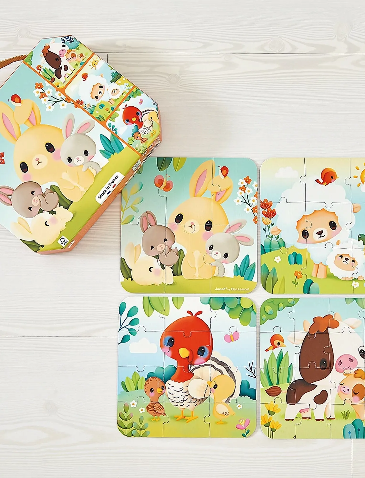 Janod 4 Progressive Difficulty Farm Animal Puzzles 6-9-12-16 Pcs, One Size, Puzzles, Grün - Pedagogical Kinder