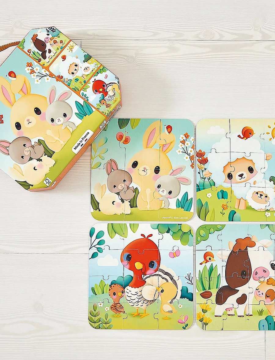 Janod - 4 Progressive Difficulty Farm Animal Puzzles 6-9-12-16 pcs - pedagogische puzzels - mulit - 0