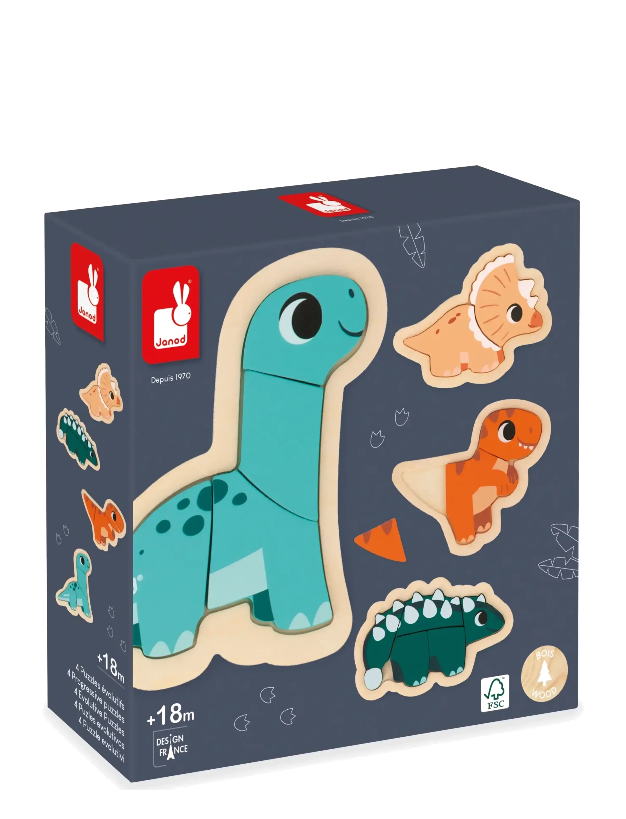 Janod Puzzle 4 Progressive Dino, Børn, Wooden Puslespil, Navy, Str: ONE SIZE