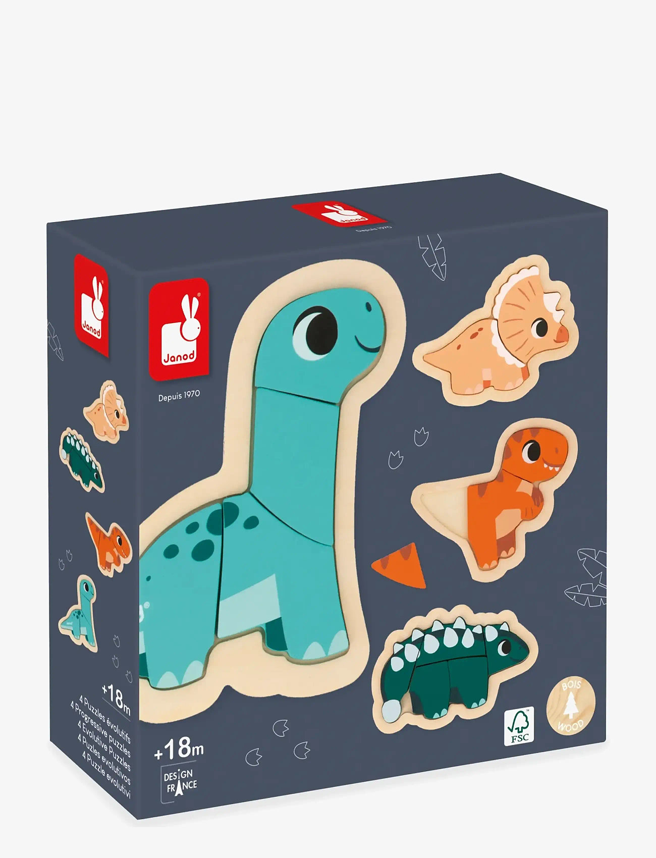 Janod - Puzzle - 4 Progressive - Dino - holzpuzzle - mulit - 0
