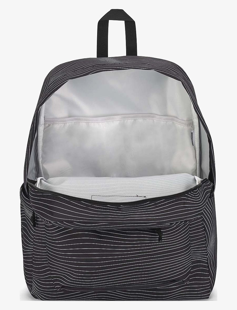 black white stripe jansport backpack SuperBreak Plus Spacious Main Compartment Features one large main compartment for storing clothes or daily essentials JanSport Superbreak Plus Screen Waves