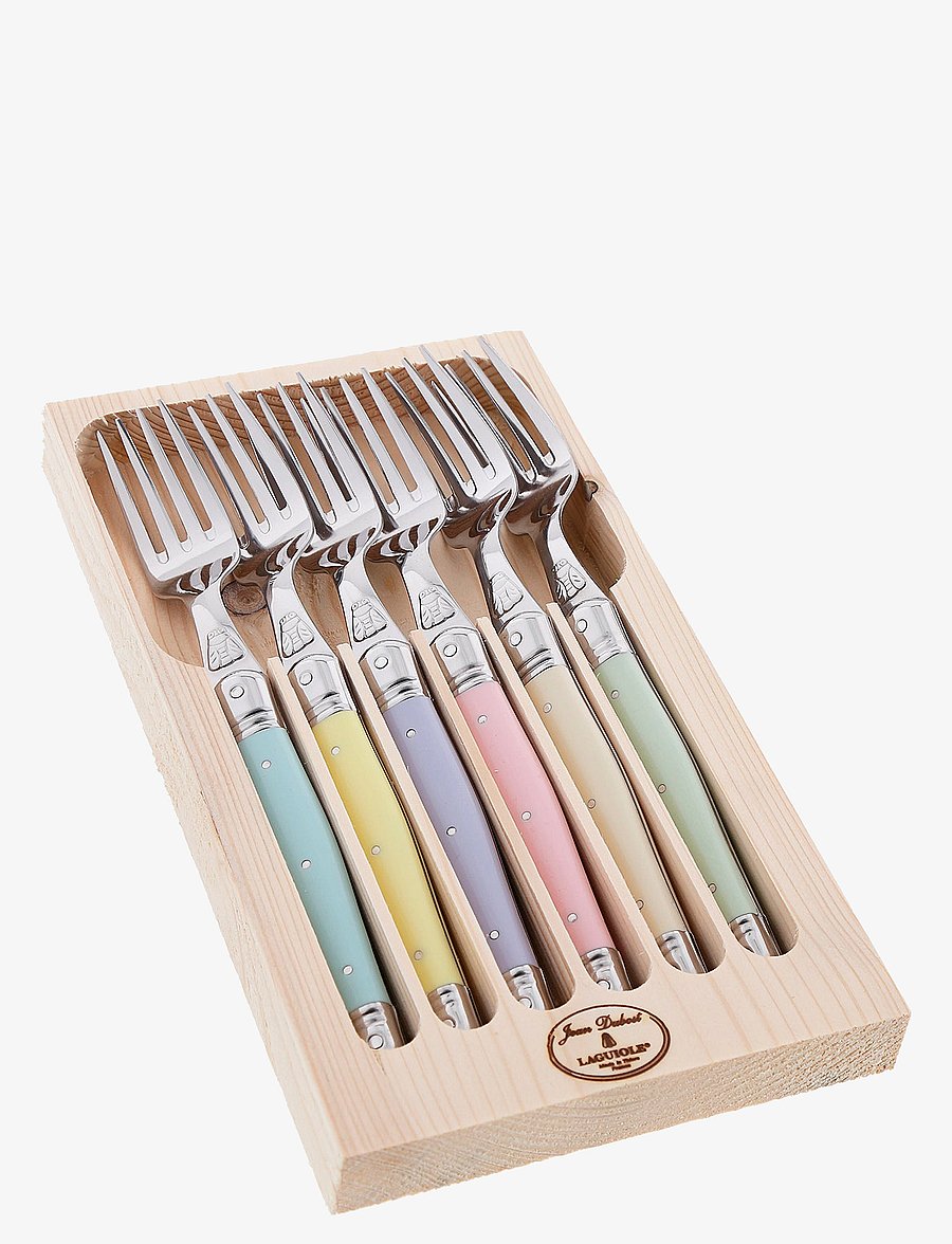 Jean Dubost - Fork set 6 pcs Laguiole - kahvlid - purple, pink, yellow, green, blue, ivory - 0