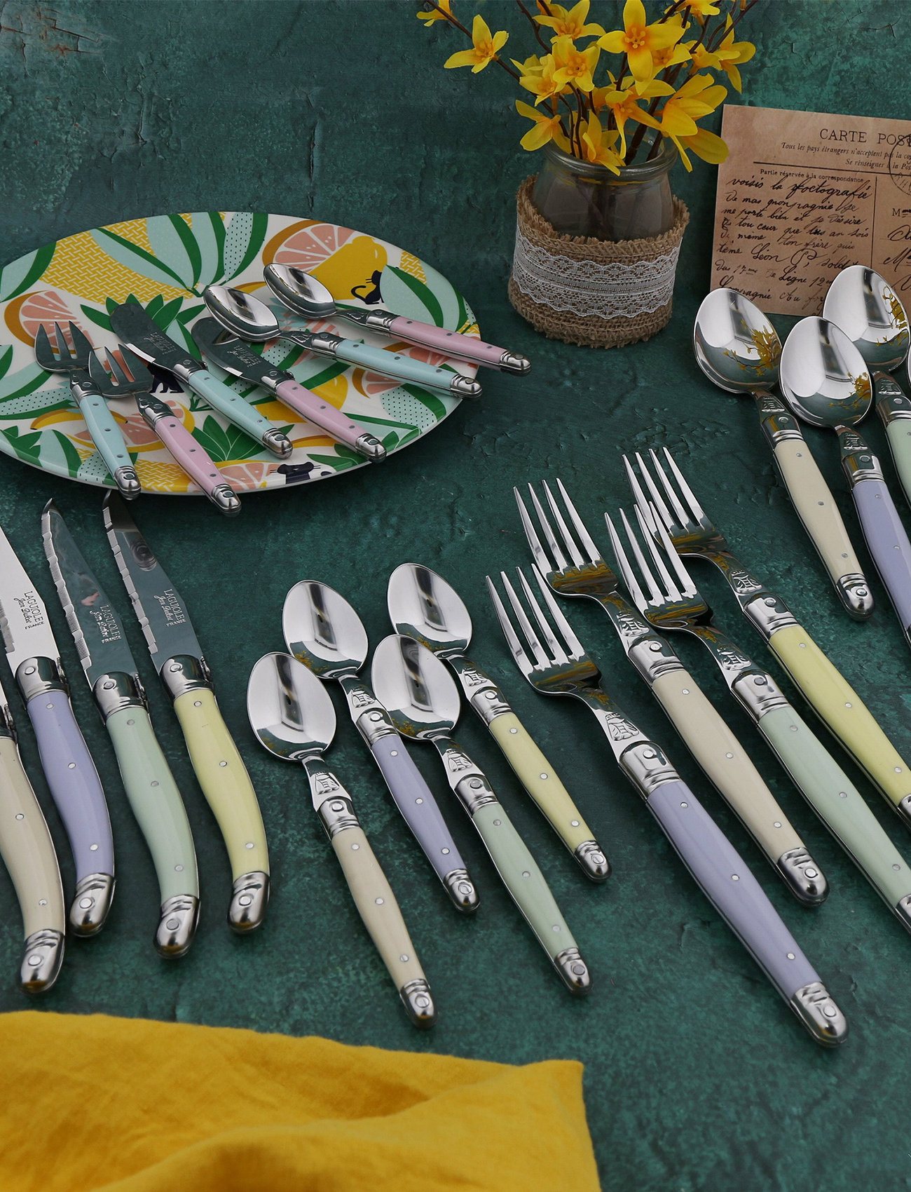 Jean Dubost - Fork set 6 pcs Laguiole - forks - purple, pink, yellow, green, blue, ivory - 1