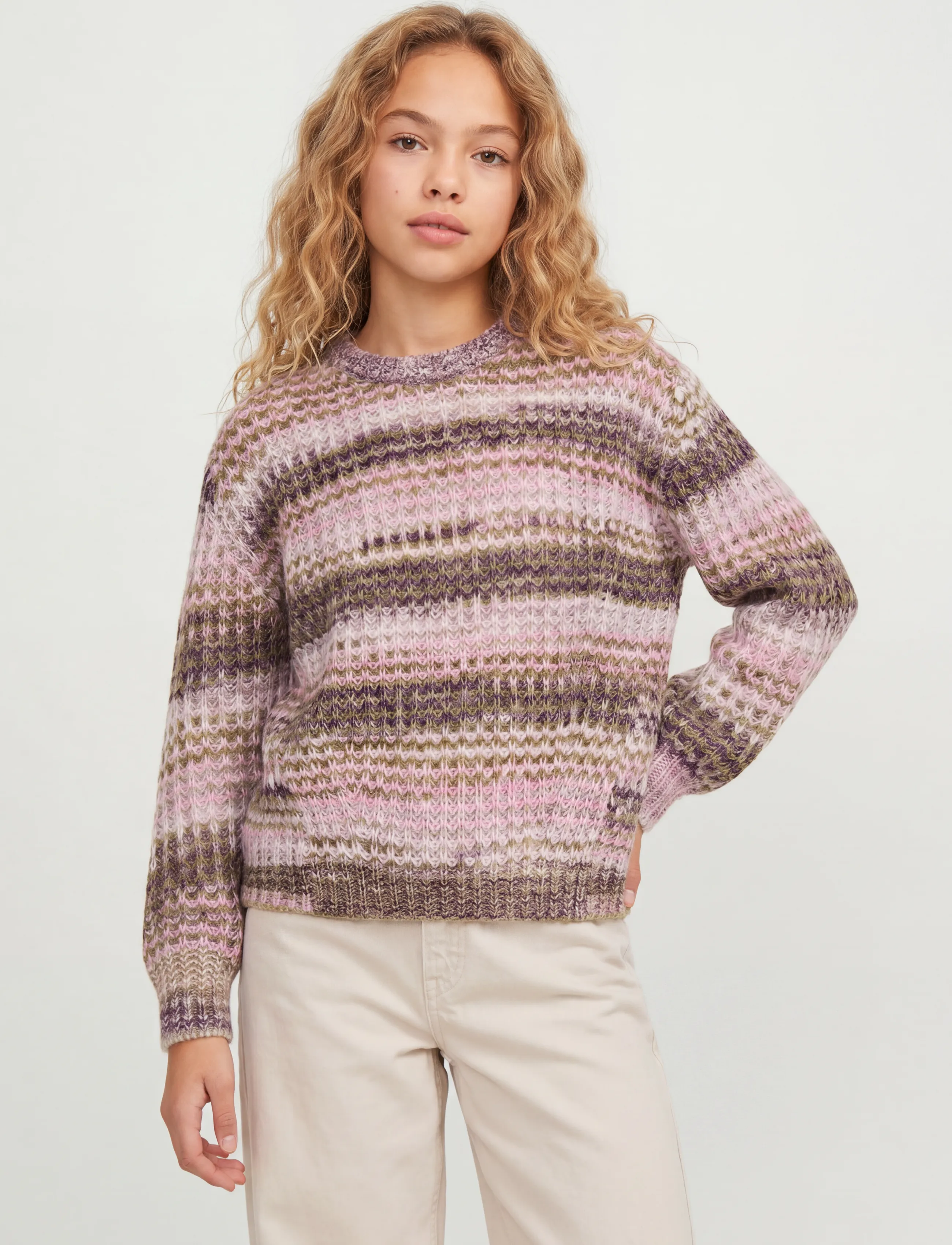 JJXX Kids Jxsimone Space Dye Crew Neck Knit Grl, Børn, Space Dye Rund Hals Striktrøje, Kakigrøn, Str: 128