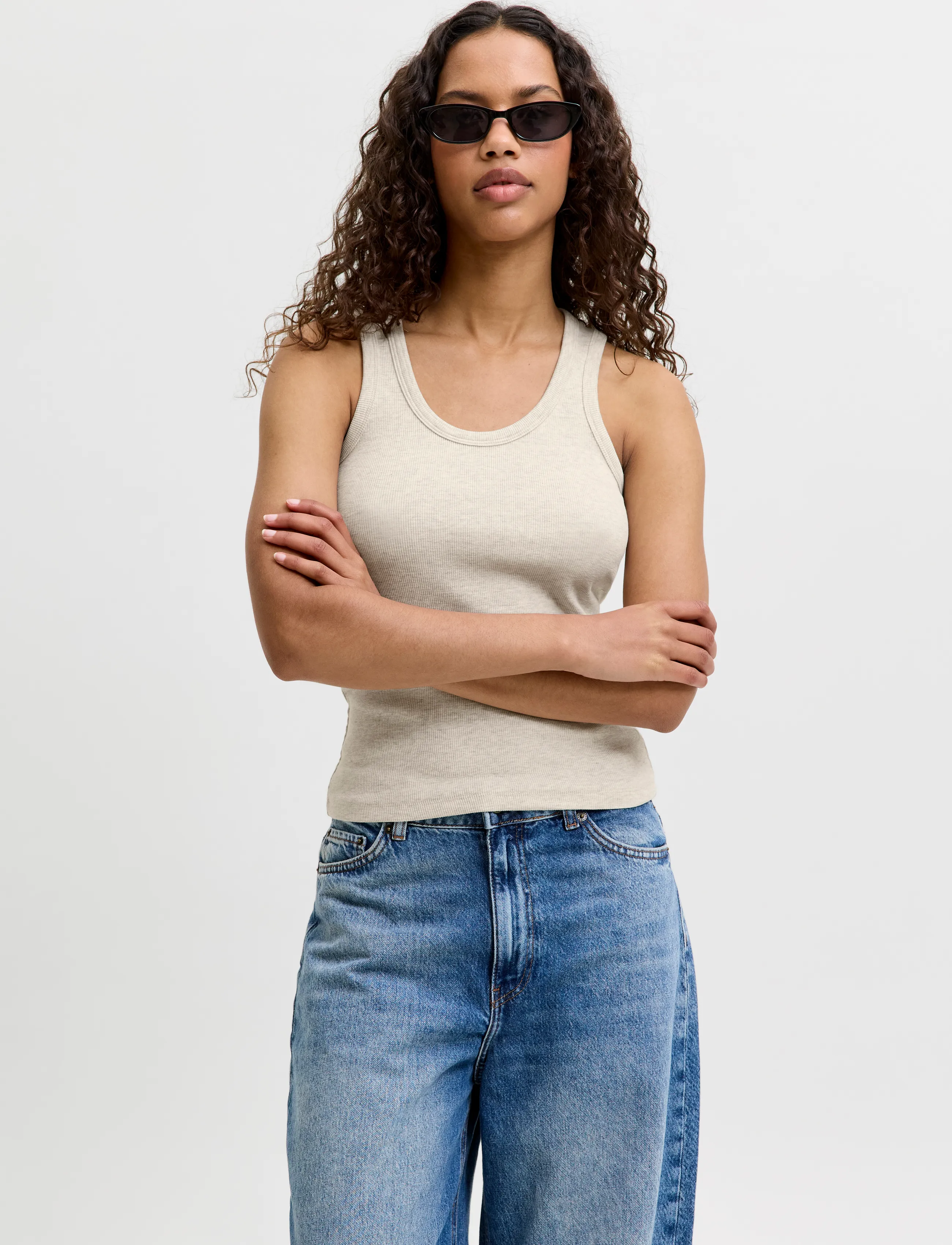 JJXX Jxfrida Sl U-Neck Top Jrs Noos, Kvinder, Ribbet Tanktop, Beige, Str: M