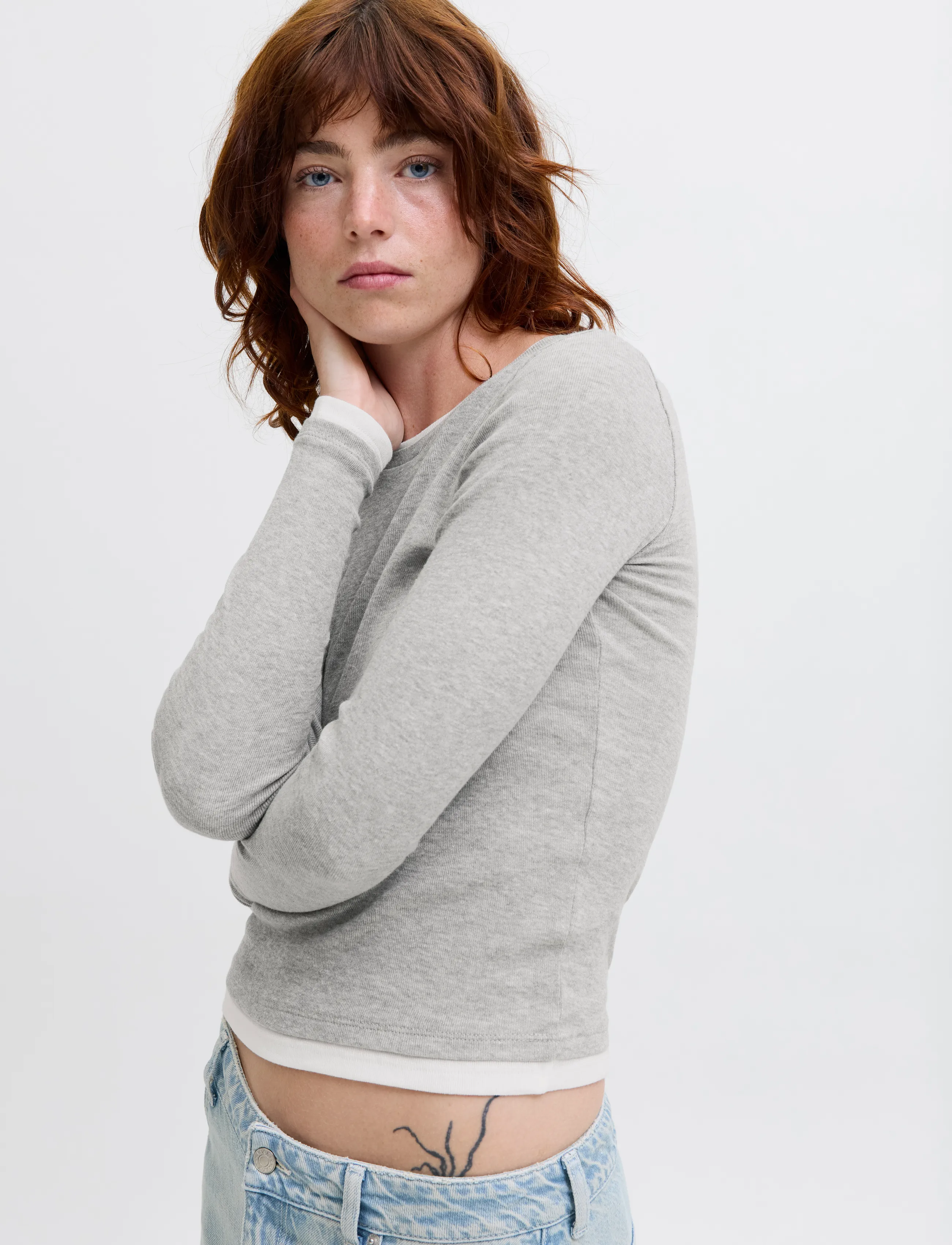JJXX - JXHENNA STR LS CONTRST TEE JRS - long-sleeved tops - light grey melange - 4